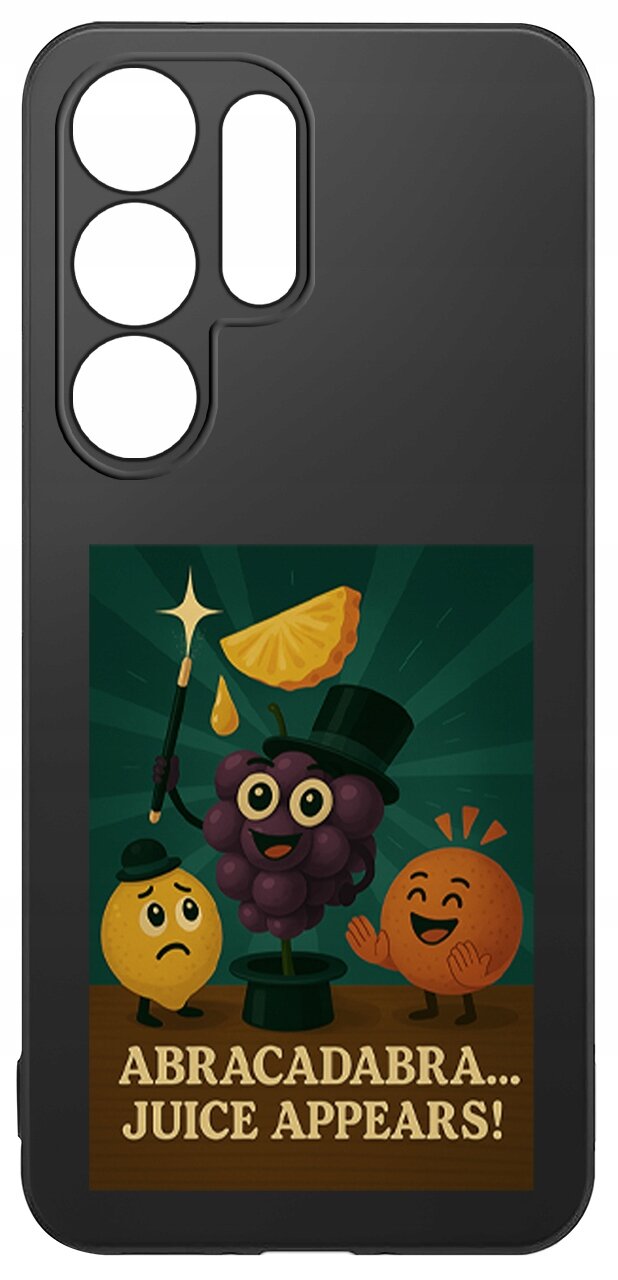 Czarne etui z grafiką przedstawiającą owoce: winogrono w cylindrze, cytrynę i pomarańczę, oraz napis \'ABRACADABRA... JUICE APPEARS!\'.