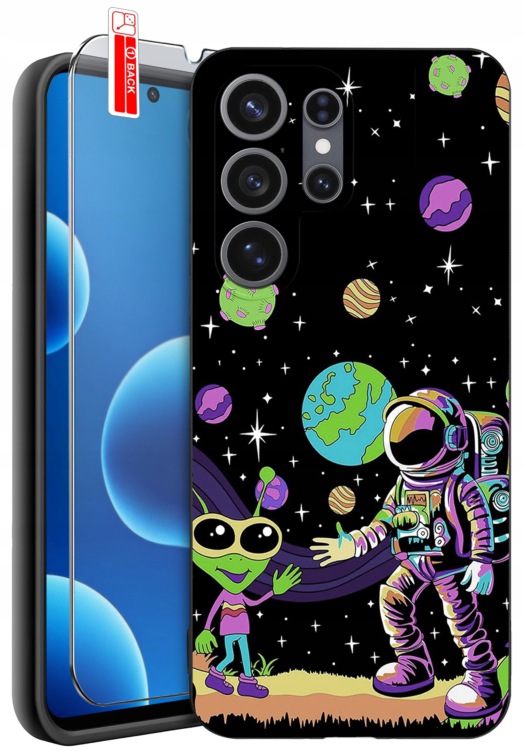 Etui na telefon z kolorowym wzorem przedstawiającym astronautę i kosmitę na tle kosmosu z planetami. Obok etui znajduje się szkło ochronne z napisem \'BACK\'.