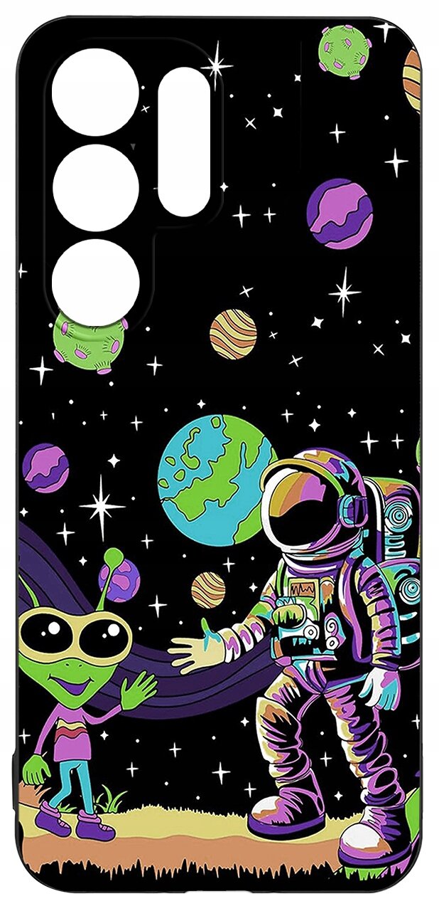 Etui na telefon z kolorowym wzorem przedstawiającym astronautę i zielonego kosmitę na tle kosmosu z planetami i gwiazdami.