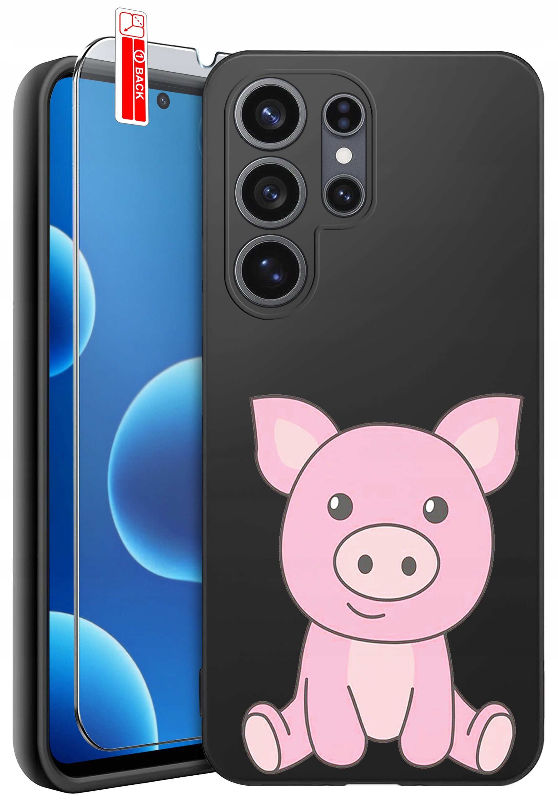 Czarne etui na telefon z nadrukiem różowej świnki oraz szkło ochronne z oznaczeniem \'BACK\'.