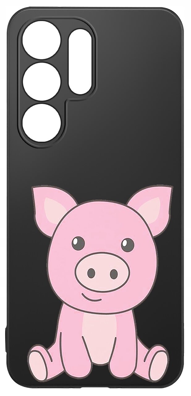 Czarne etui na telefon z wycięciami na aparat, ozdobione rysunkiem różowej świnki.