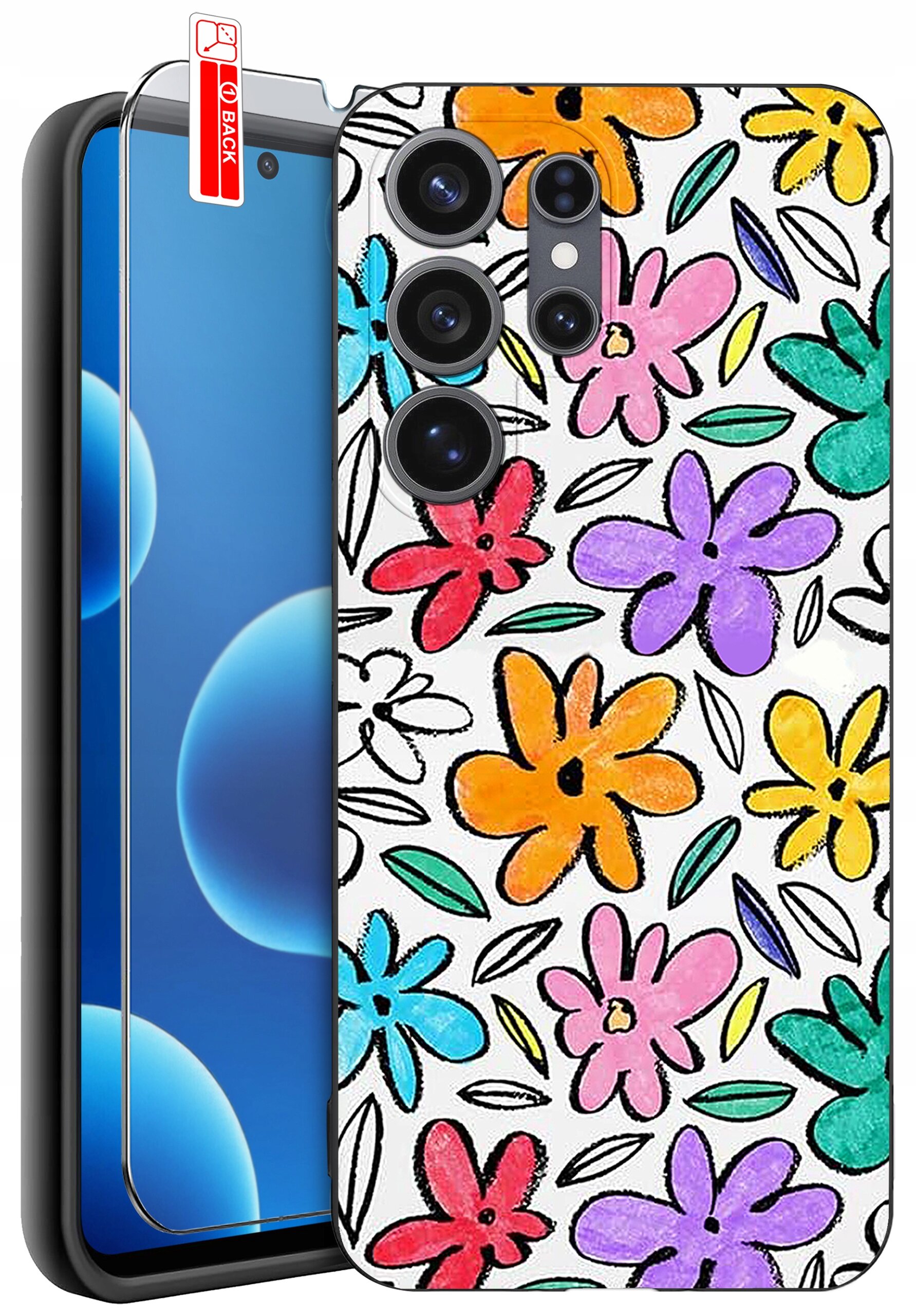 Etui na telefon z kolorowymi kwiatowymi wzorami w odcieniach pomarańczowego, różowego, fioletowego, czerwonego i niebieskiego. Obok etui znajduje się szkło ochronne z napisem \'BACK\'.