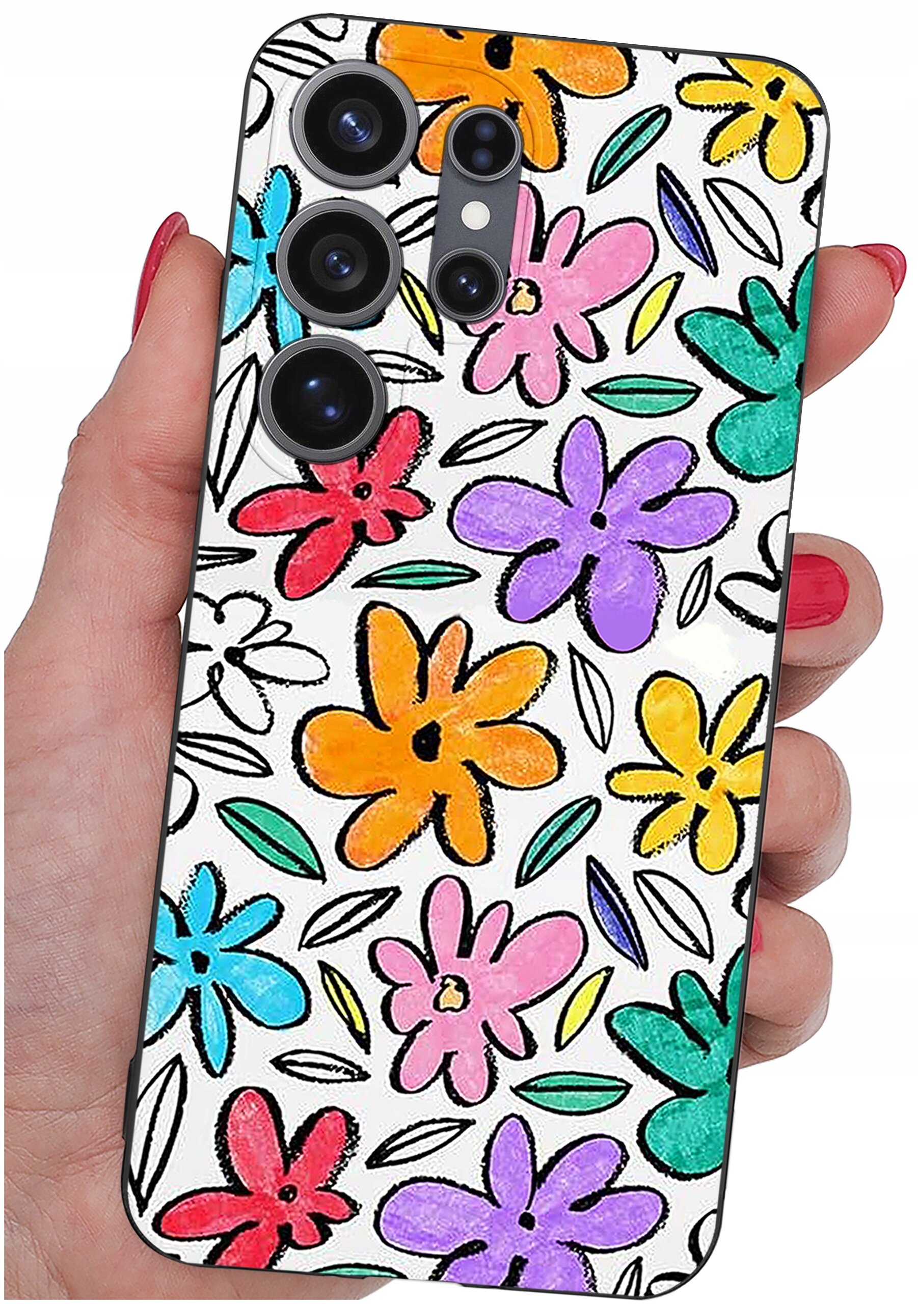 Etui na telefon z kolorowym wzorem kwiatów w odcieniach pomarańczowego, różowego, fioletowego, czerwonego, niebieskiego i zielonego. Etui trzymane jest w dłoni z pomalowanymi na czerwono paznokciami.