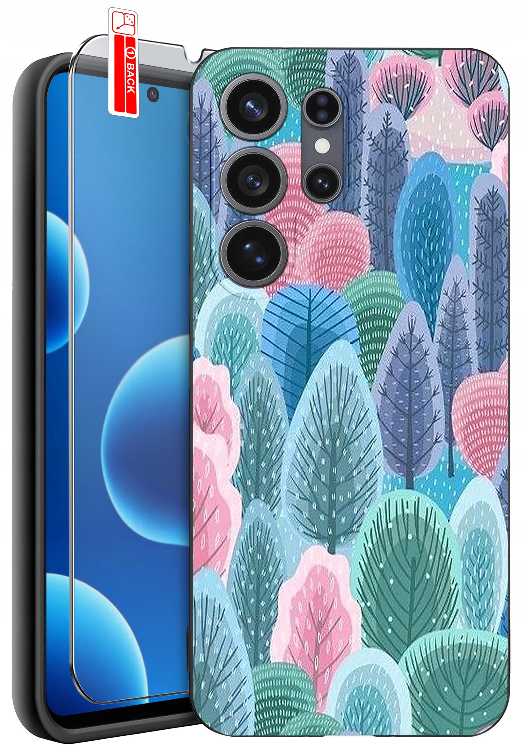 Etui na telefon z kolorowym wzorem drzew w odcieniach różu, niebieskiego i zieleni. Obok znajduje się szkło ochronne z etykietą \'BACK\'.