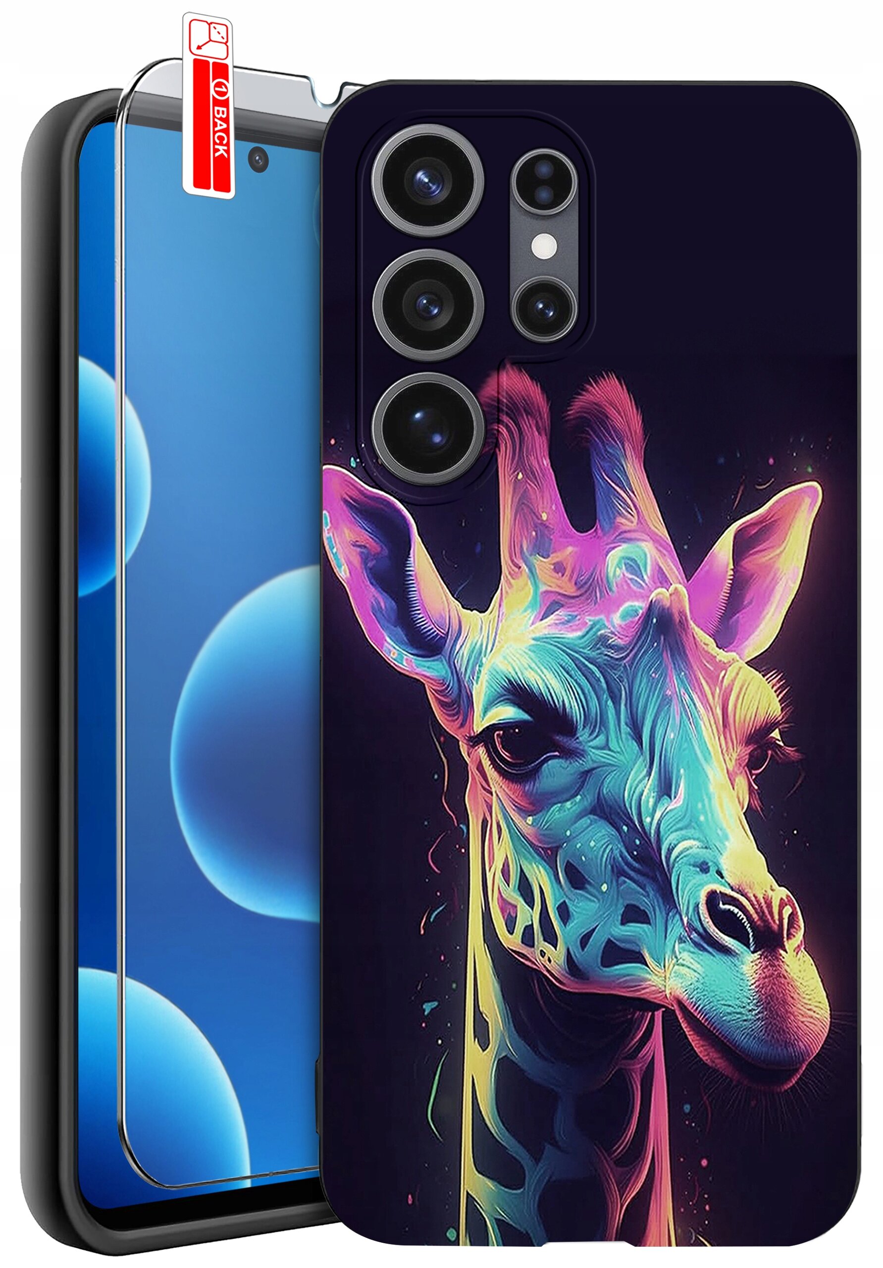 Etui na telefon z kolorowym wzorem żyrafy, obok którego znajduje się szkło ochronne z napisem \'BACK\'.
