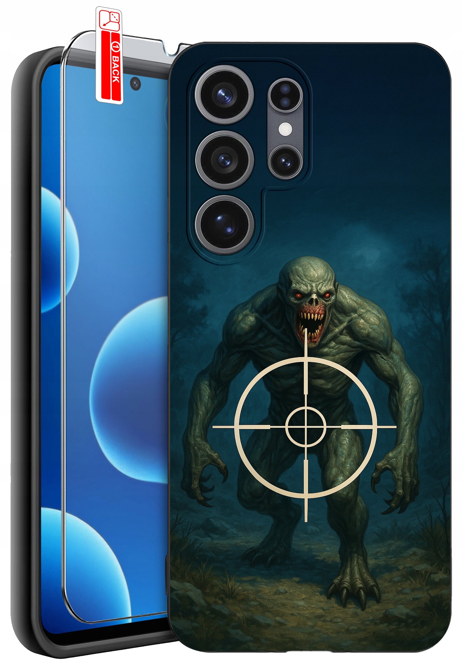 Etui na telefon z grafiką przedstawiającą potwora z czerwonymi oczami i celownikiem na klatce piersiowej. Obok etui znajduje się szkło ochronne z napisem \'BACK\'.
