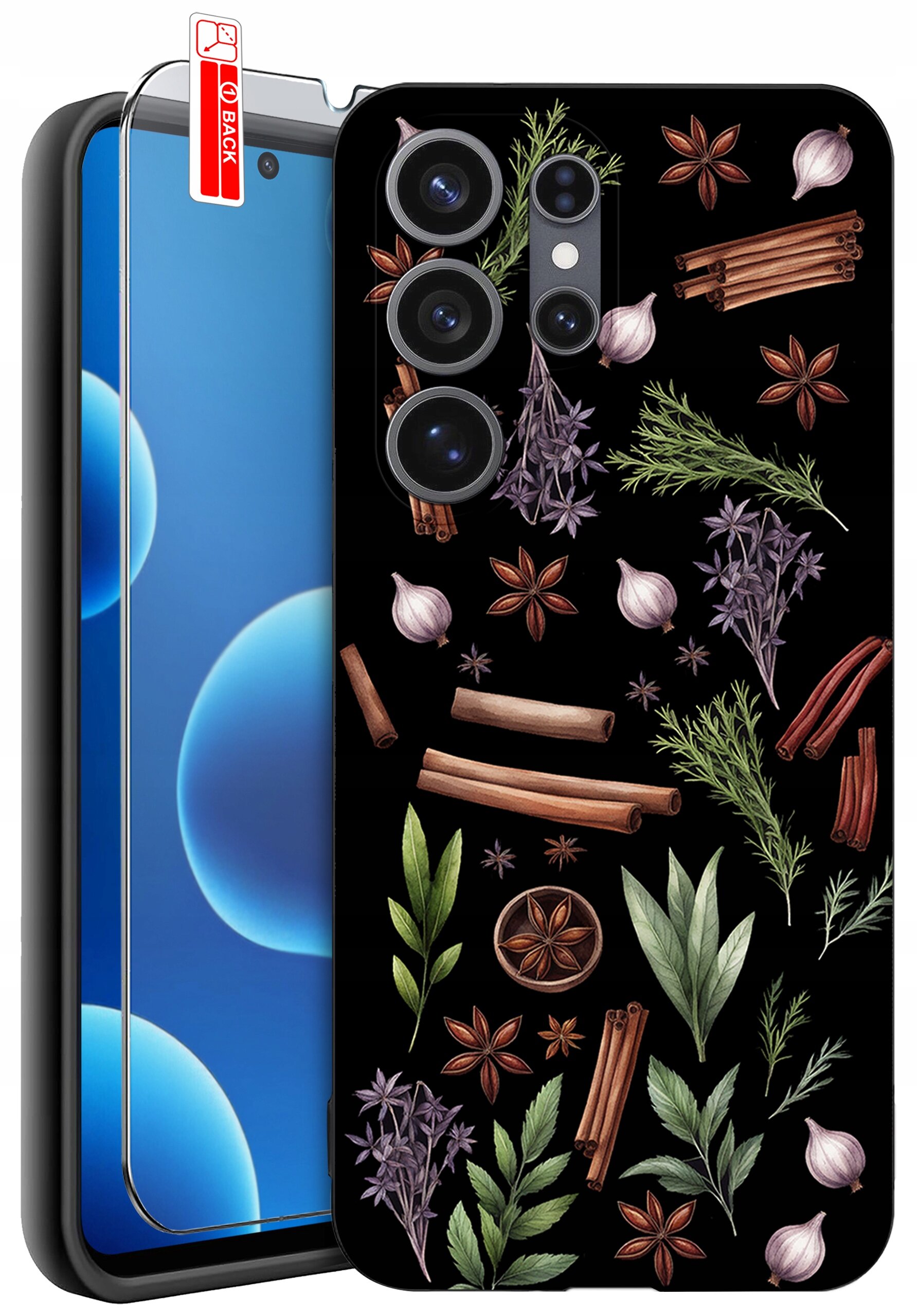 Etui na telefon z wzorem przypraw i ziół, takich jak cynamon, anyż, czosnek i liście, na czarnym tle. Obok etui znajduje się szkło ochronne z napisem \'BACK\'.