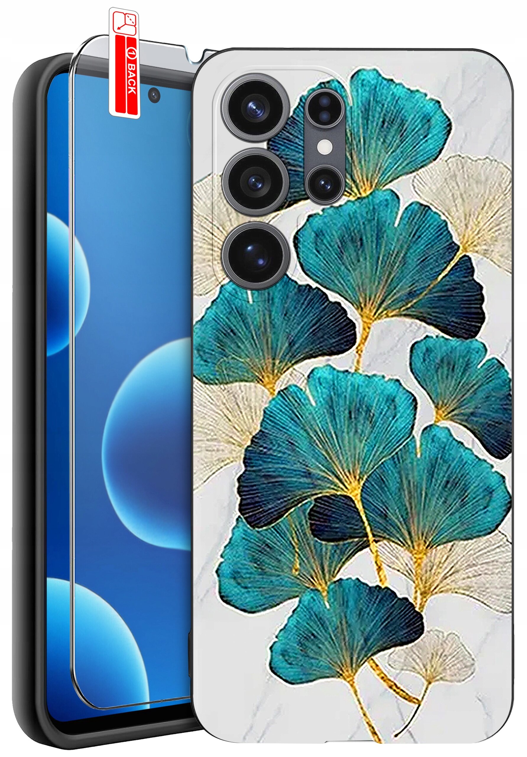 Obraz przedstawia etui na telefon z wzorem niebiesko-zielonych liści na białym tle. Obok etui znajduje się szkło ochronne z napisem \'BACK\'.