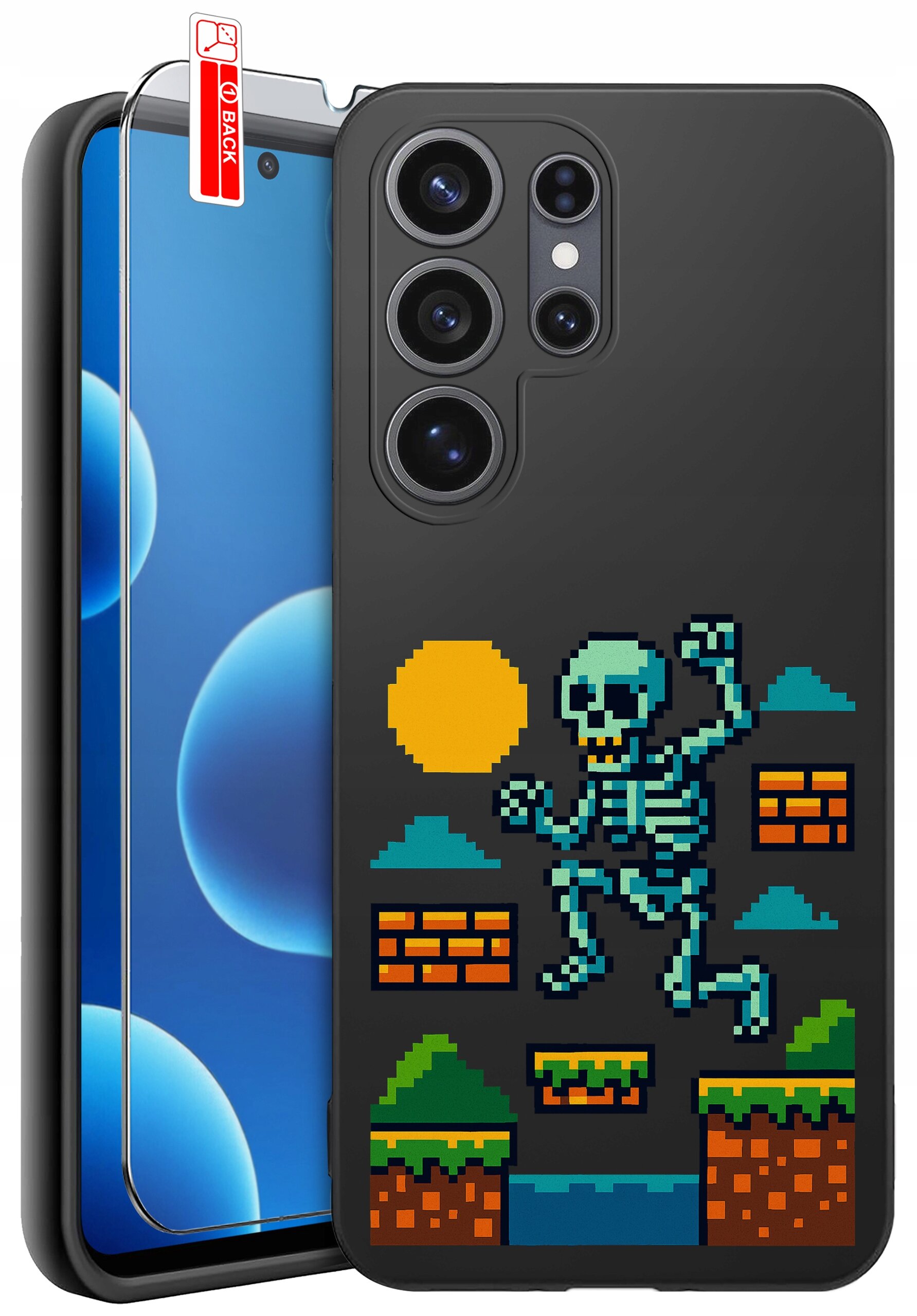 Etui na telefon z motywem pikselowego szkieletu skaczącego po platformach, z żółtym słońcem w tle. Obok etui znajduje się szkło ochronne z napisem \'BACK\'.