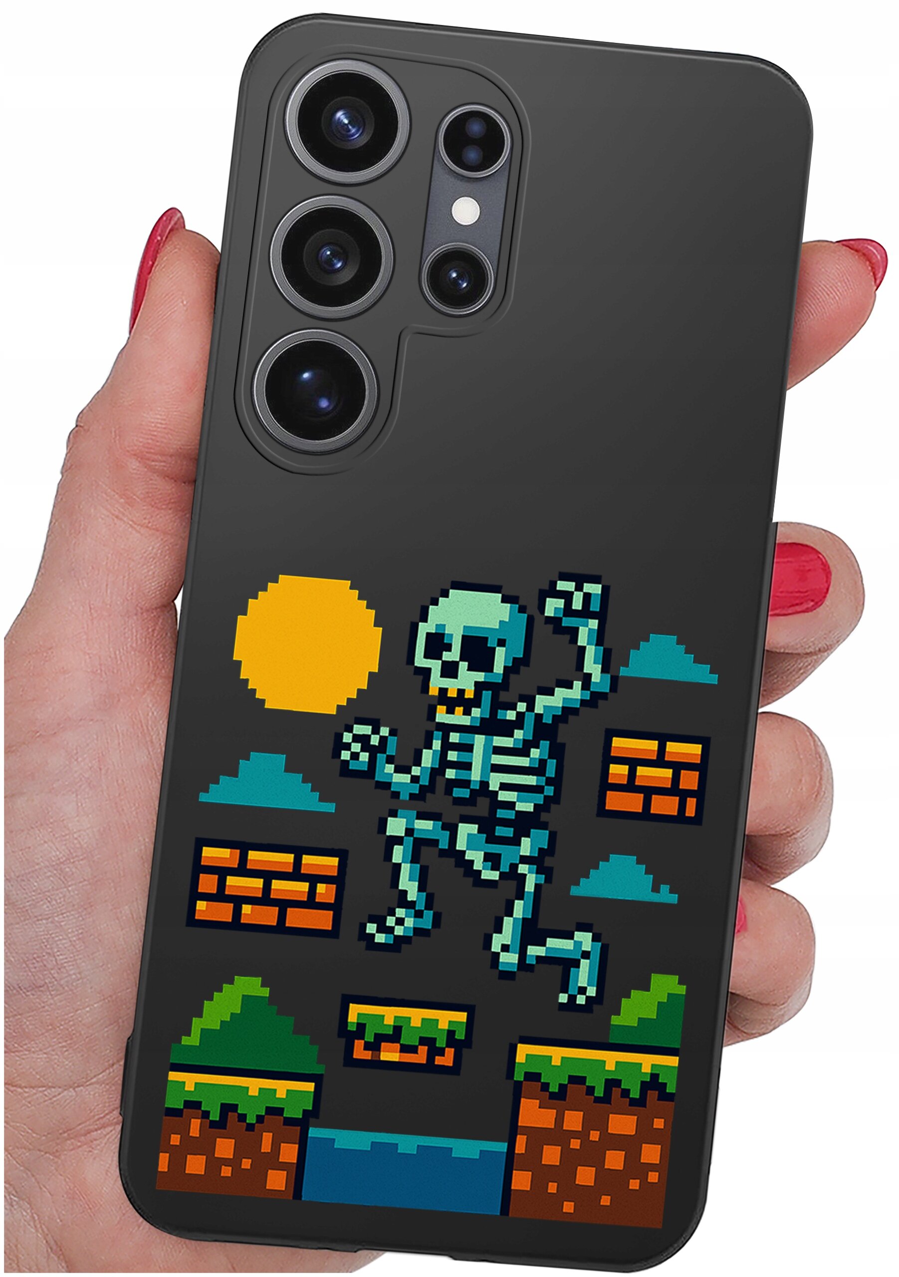 Etui na telefon z grafiką przedstawiającą pikselowego szkielet skaczącego po platformach w stylu retro. W tle widoczne są pikselowe chmury, słońce i ceglane bloki.