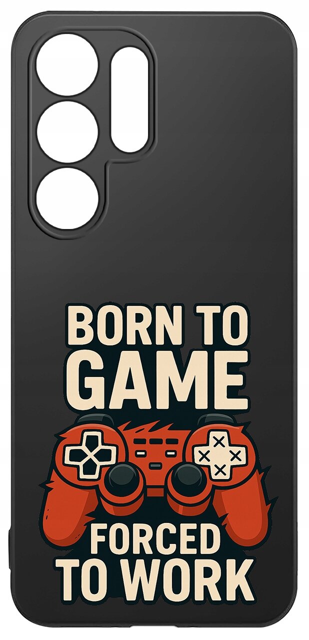 Czarne etui z grafiką czerwonego kontrolera do gier i napisem \'BORN TO GAME FORCED TO WORK\'.