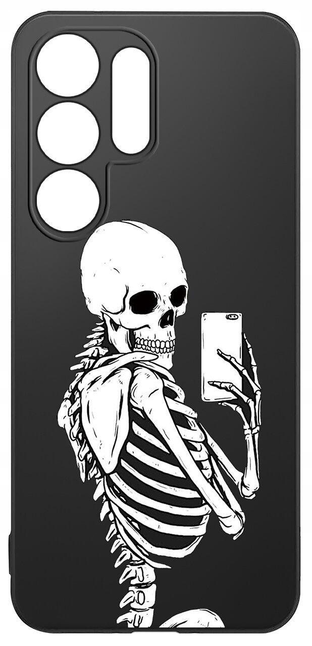 Czarne etui na telefon z nadrukiem szkieletu trzymającego smartfon. Etui posiada wycięcia na aparat i przyciski.