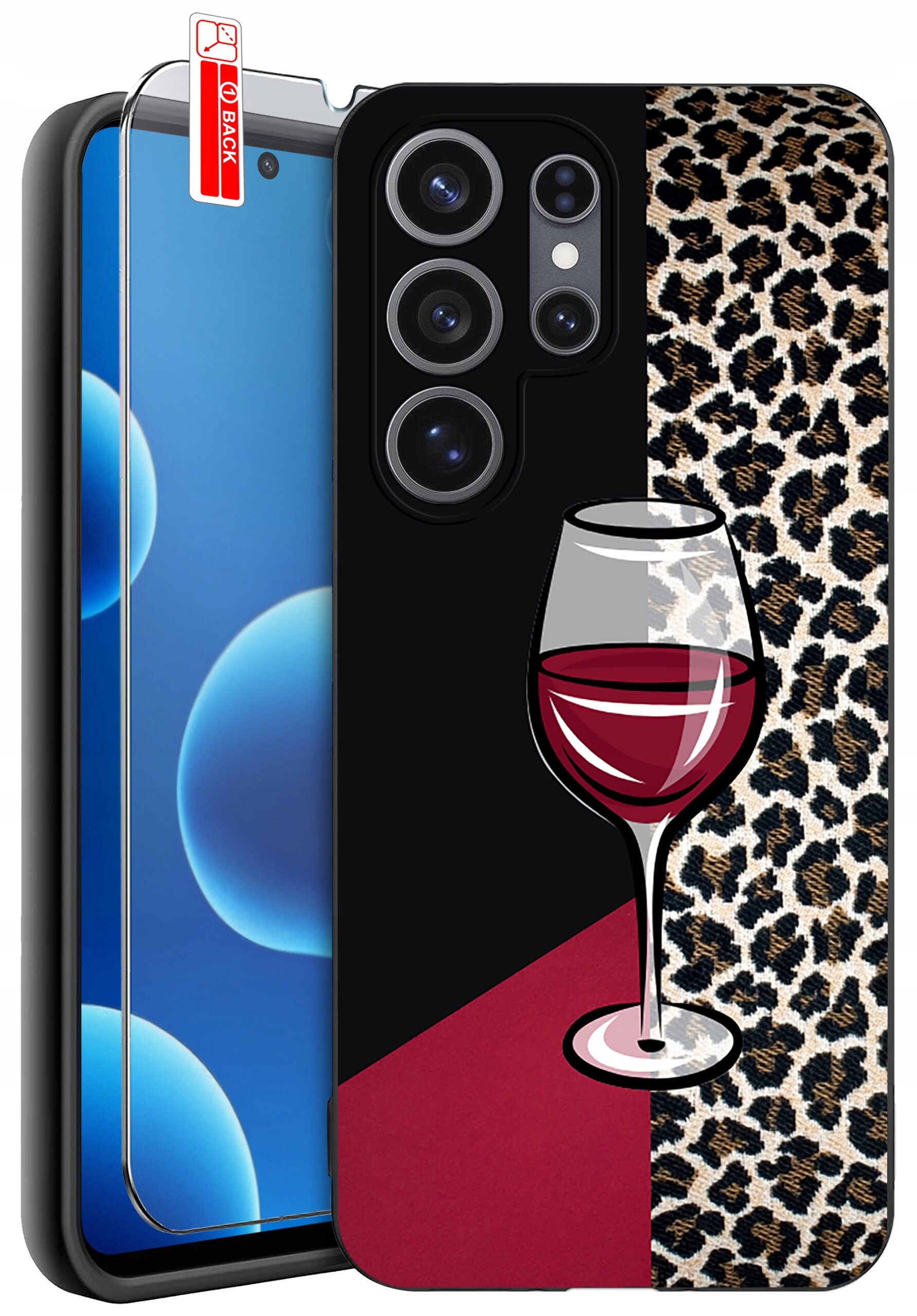 Etui na telefon z motywem kieliszka wina na tle czarno-bordowym oraz wzorem w cętki. Obok znajduje się szkło ochronne z napisem \'BACK\'.