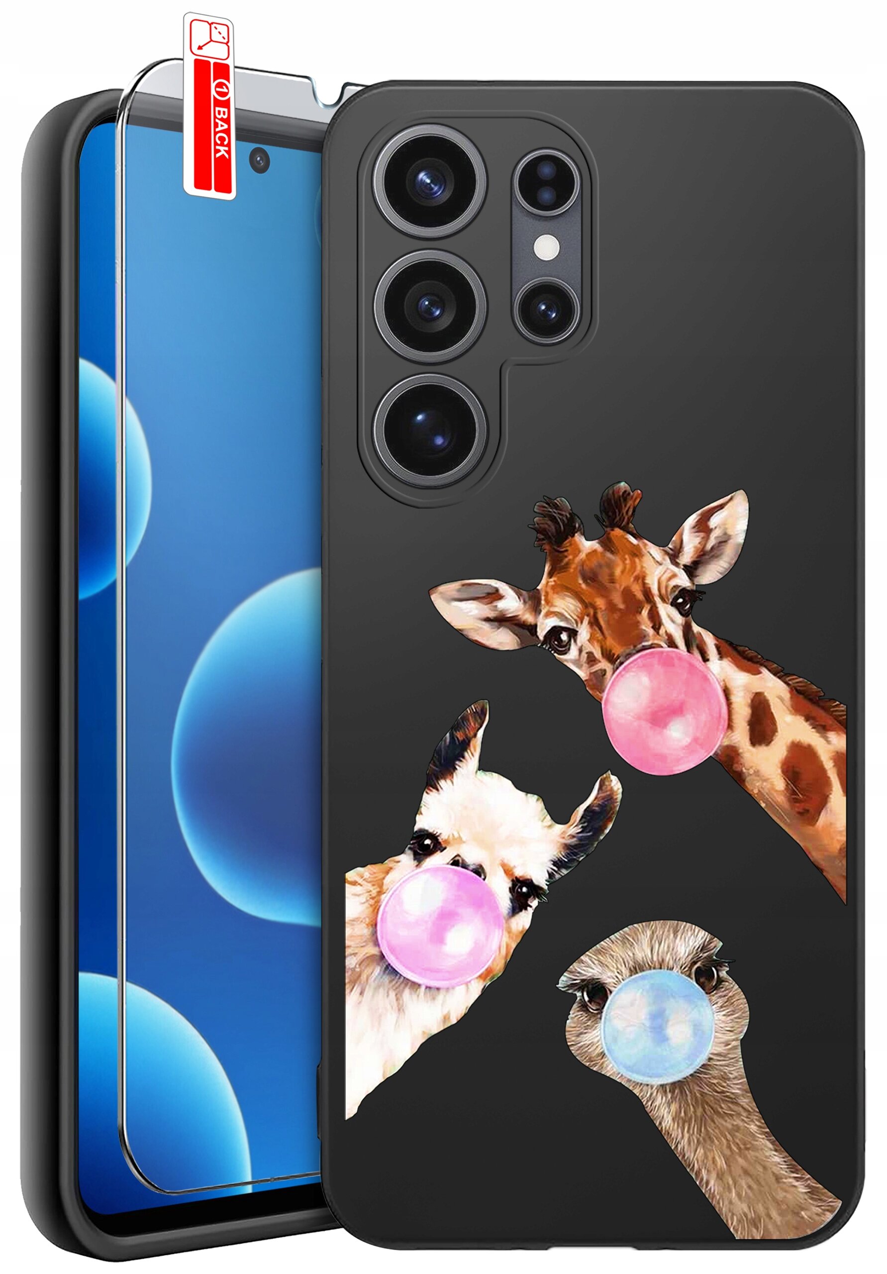 Etui na telefon z trzema zwierzętami dmuchającymi różnokolorowe balony z gumy do żucia. Obok znajduje się szkło ochronne z napisem \'BACK\'.