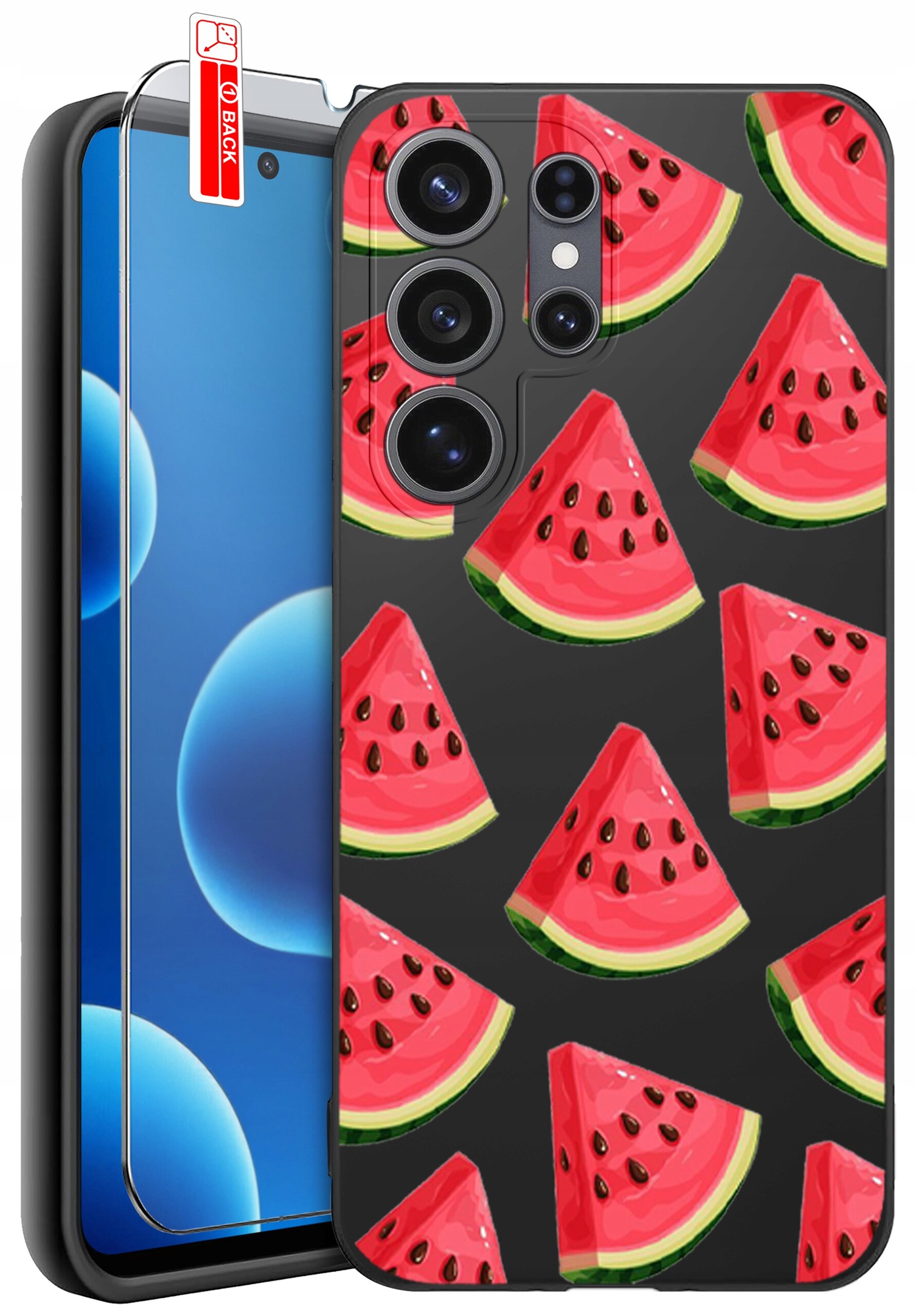 Etui na telefon z wzorem kawałków arbuza na czarnym tle, obok widoczna jest szybka ochronna z napisem \'BACK\'.