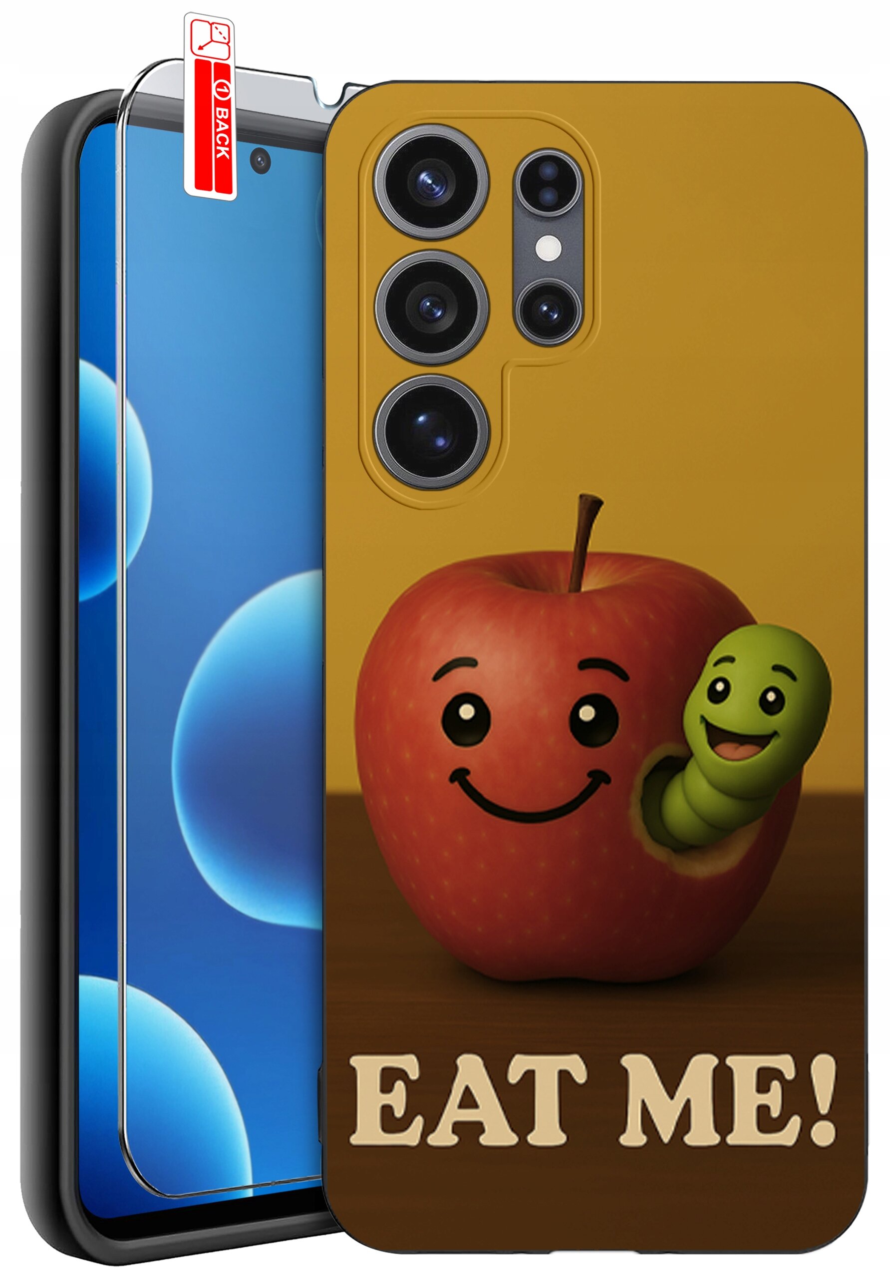 Etui na telefon z grafiką przedstawiającą uśmiechnięte jabłko z robakiem oraz napisem \'EAT ME!\'. Obok etui znajduje się szkło ochronne z oznaczeniem \'BACK\'.