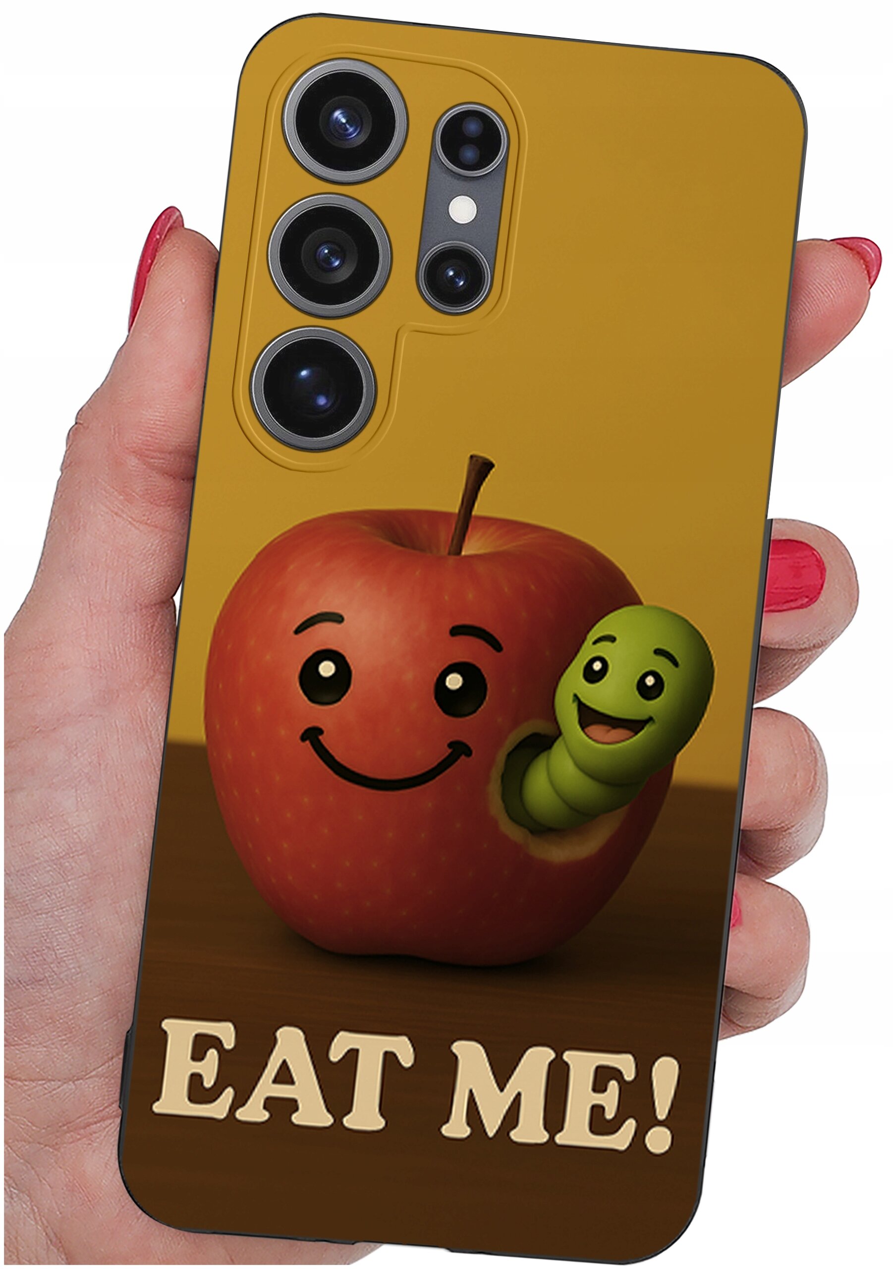 Etui na telefon z grafiką uśmiechniętego jabłka z robakiem oraz napisem \'EAT ME!\'.