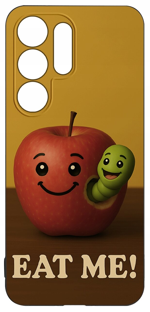 Etui przedstawia uśmiechnięte jabłko z robakiem wychodzącym z jego wnętrza. Na dole widnieje napis \'EAT ME!\'.