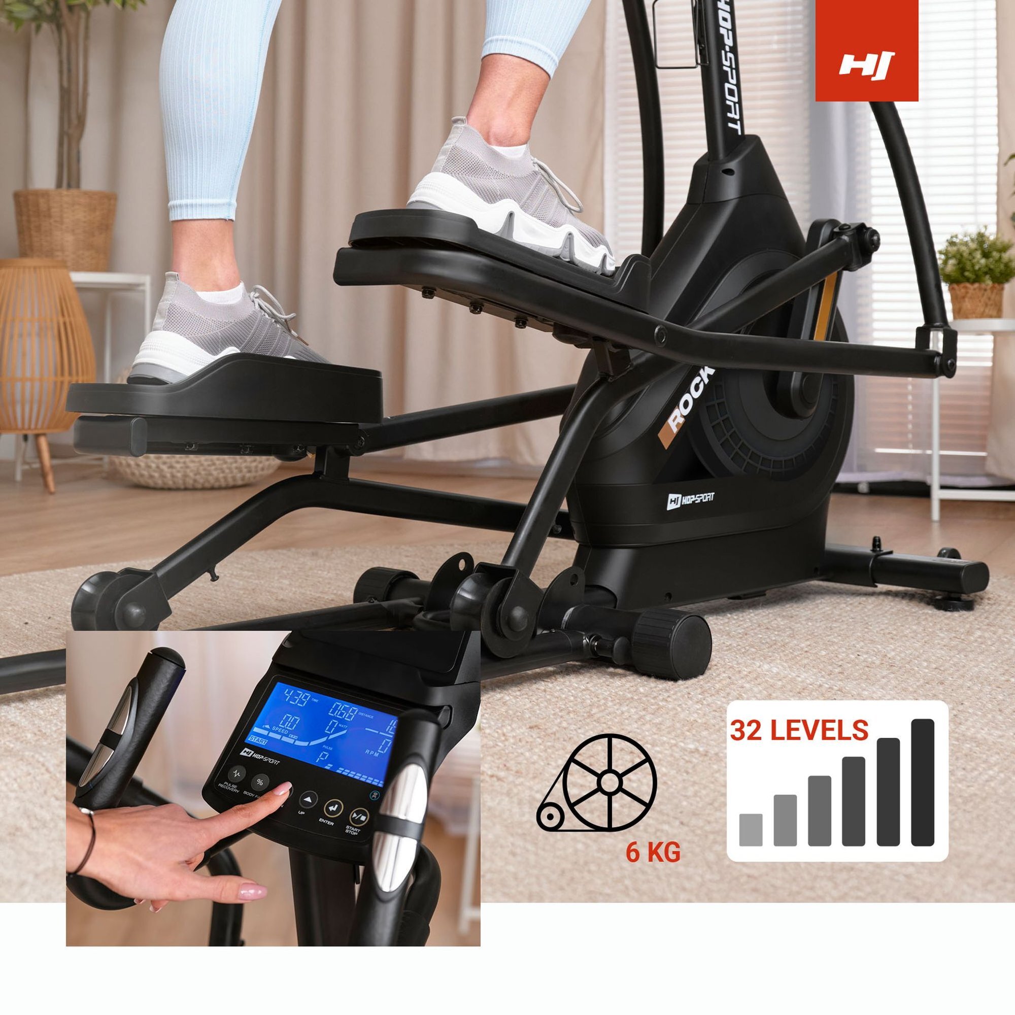 Osoba ćwiczy na czarnym orbitreku z napisem \'ROCK\' i \'HOP SPORT\', a na ekranie wyświetlacza widoczne są różne parametry treningu. Obok znajduje się grafika z napisem \'32 LEVELS\' i symbolem koła z napisem \'6 KG\'.