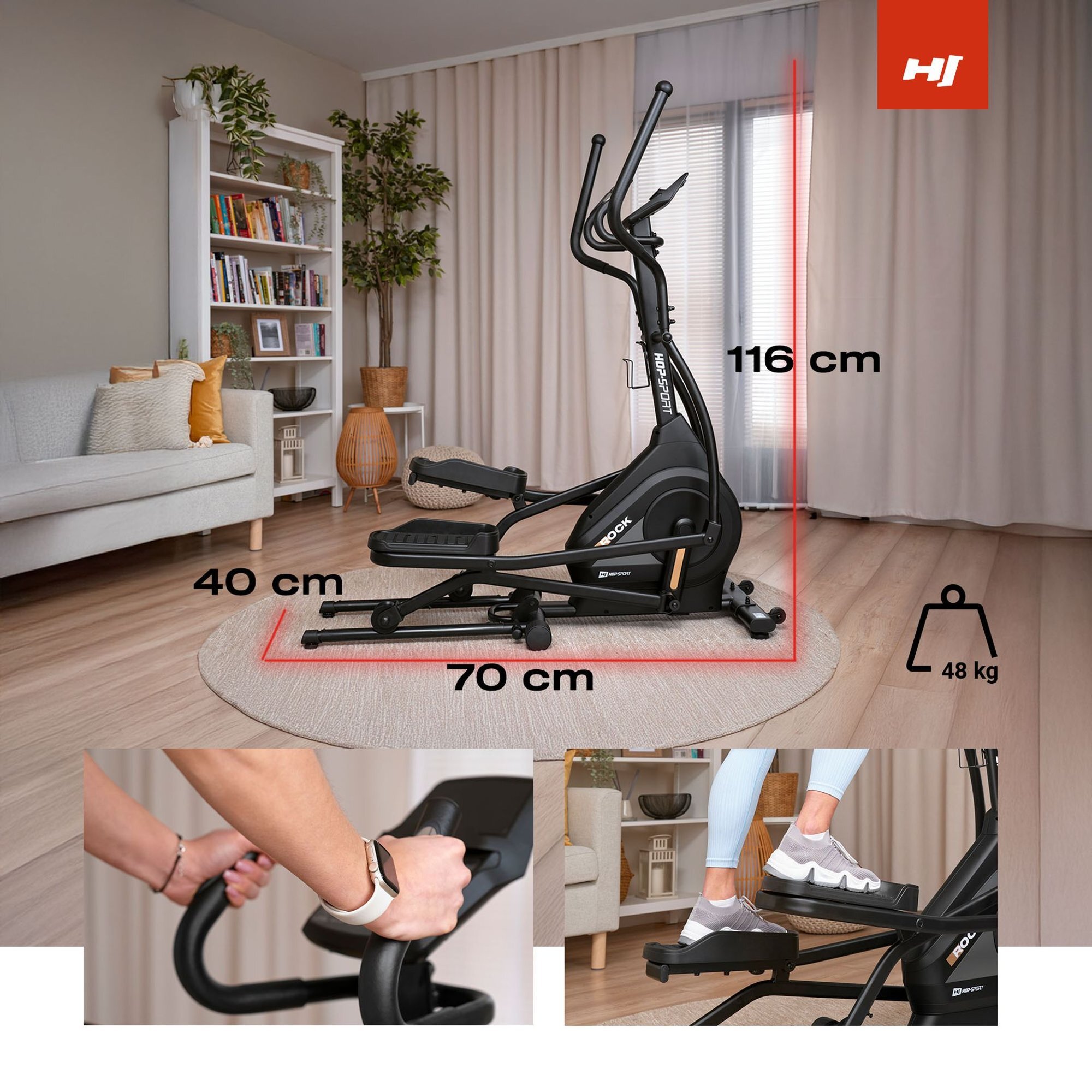 Na obrazie znajduje się czarny orbitrek elektryczno-magnetyczny z wymiarami 116 cm wysokości, 70 cm długości i 40 cm szerokości, ważący 48 kg. W tle widoczny jest salon z sofą, półką z książkami i roślinami, a w prawym górnym rogu znajduje się logo \'HS\'.