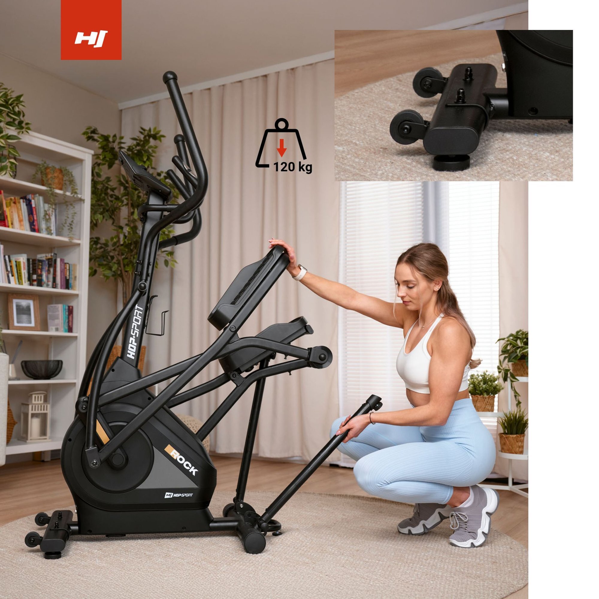 Na obrazie znajduje się orbitrek elektryczno-magnetyczny HOP SPORT Rock w kolorze złotym, obok którego klęczy kobieta. W lewym górnym rogu widoczne jest logo \'HS\' oraz symbol wagi z napisem \'120 kg\'.