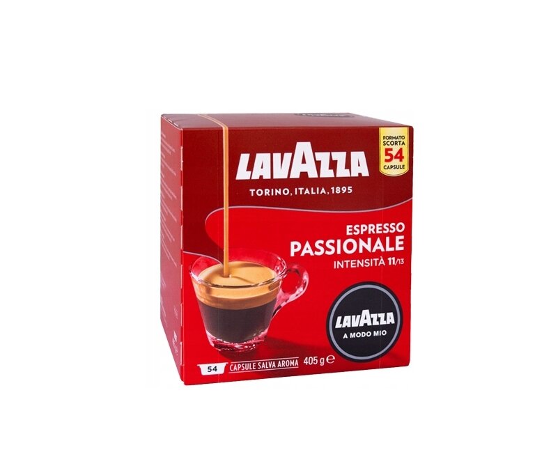 Opakowanie kapsułek do kawy Lavazza A Modo Mio Passionale Espresso, zawierające 54 sztuki. Na opakowaniu widoczny jest napis \'ESPRESSO PASSIONALE INTENSITÀ 11/13\' oraz logo Lavazza.