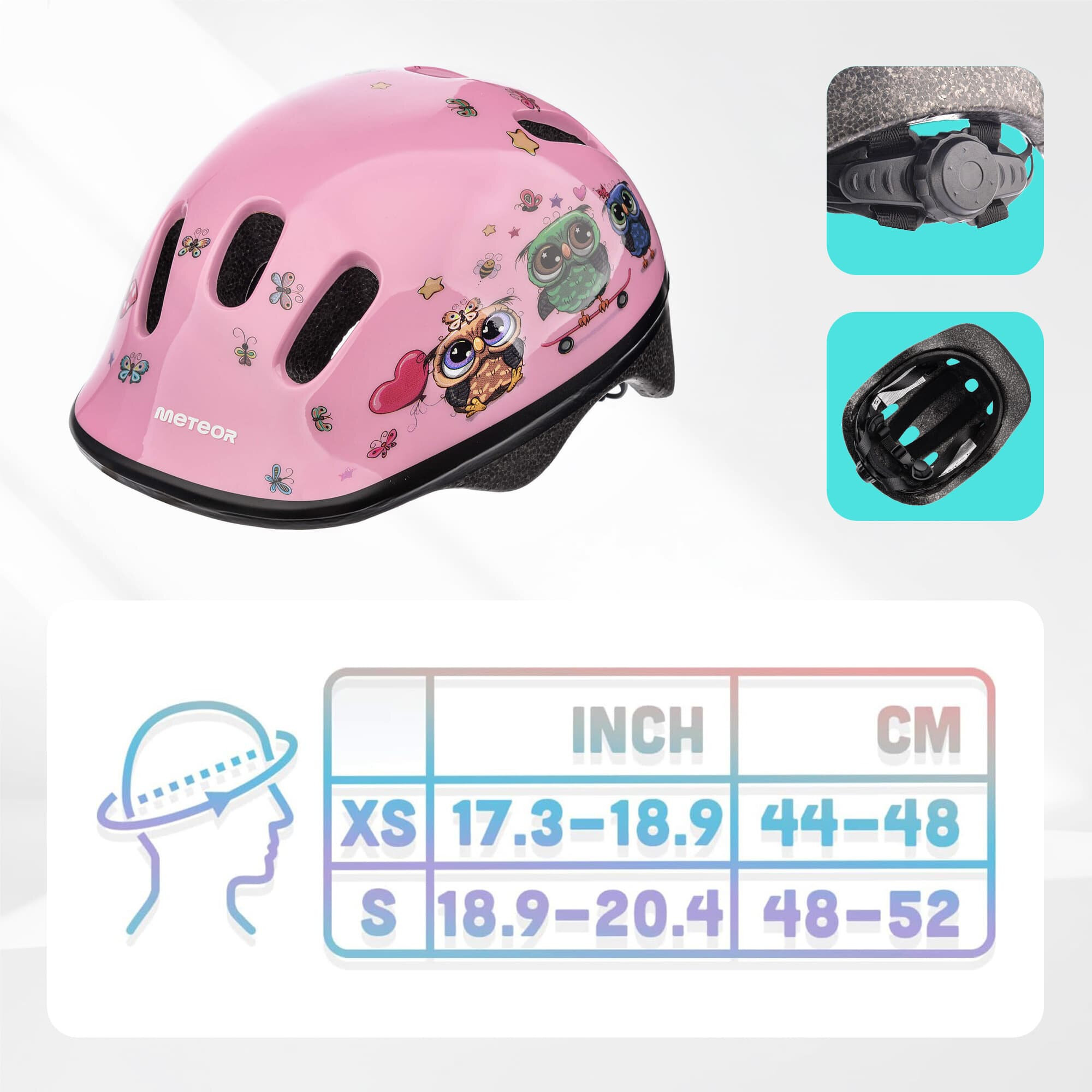 Różowy kask rowerowy z grafiką sów i motylków oraz logo \'meteor\'. Obok kasku znajdują się zbliżenia na mechanizm regulacji i wnętrze, a poniżej tabela rozmiarów XS i S w calach i centymetrach.