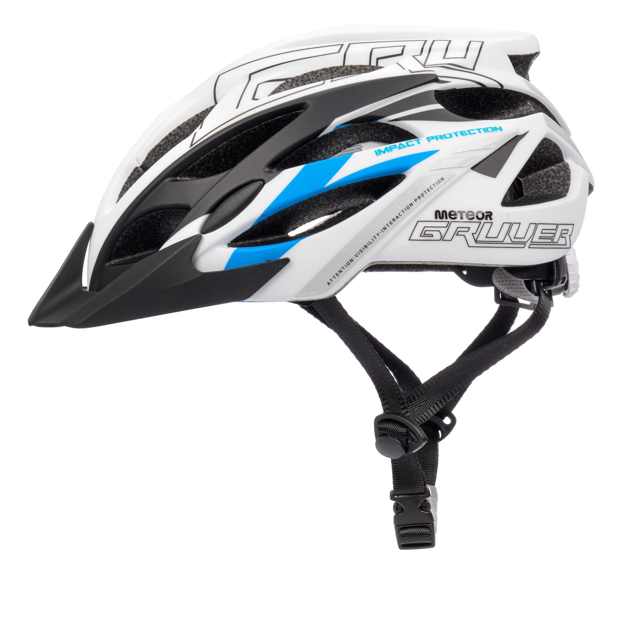 Biało-czarny kask rowerowy z niebieskimi akcentami, posiada otwory wentylacyjne i regulowane paski. Widoczny tekst: \'IMPACT PROTECTION\', \'METEOR GRUVER\'.