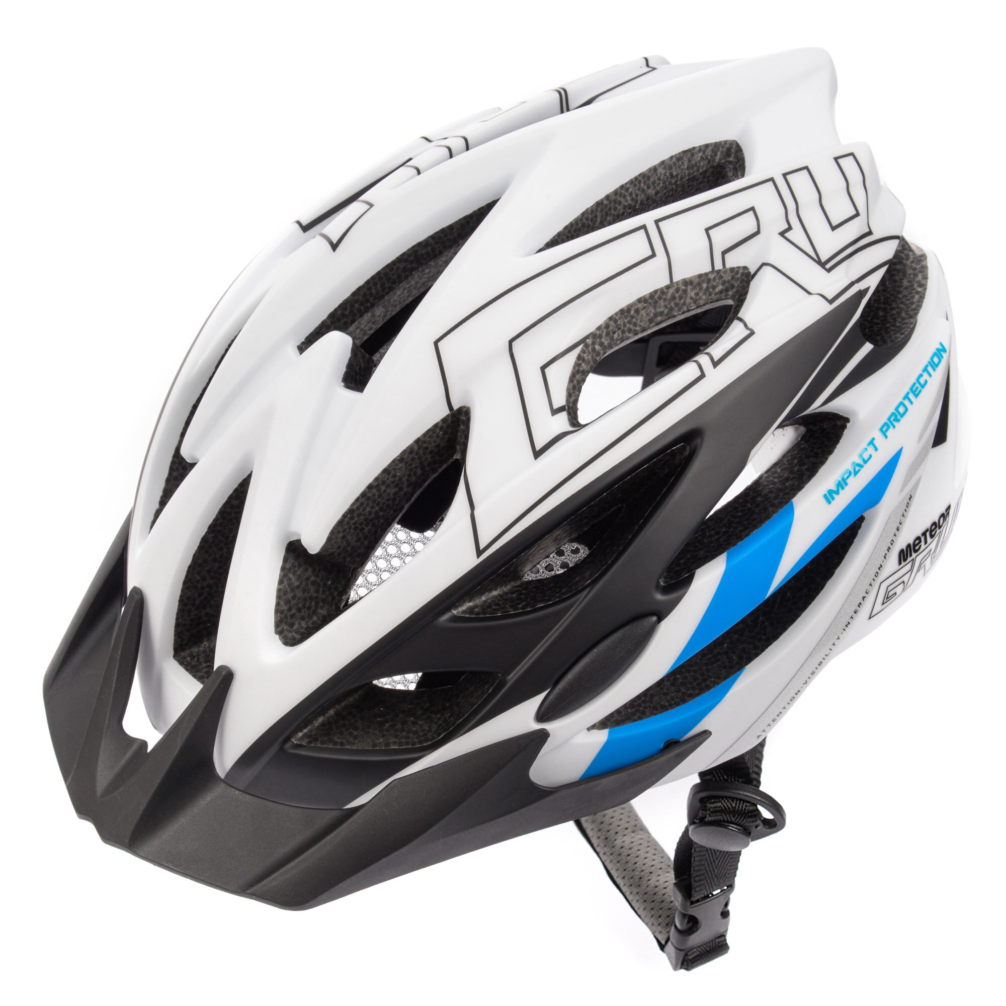 Biało-czarny kask rowerowy z niebieskimi akcentami, posiada otwory wentylacyjne i siatkę. Widoczne napisy: \'IMPACT PROTECTION\' i \'meteor\'.