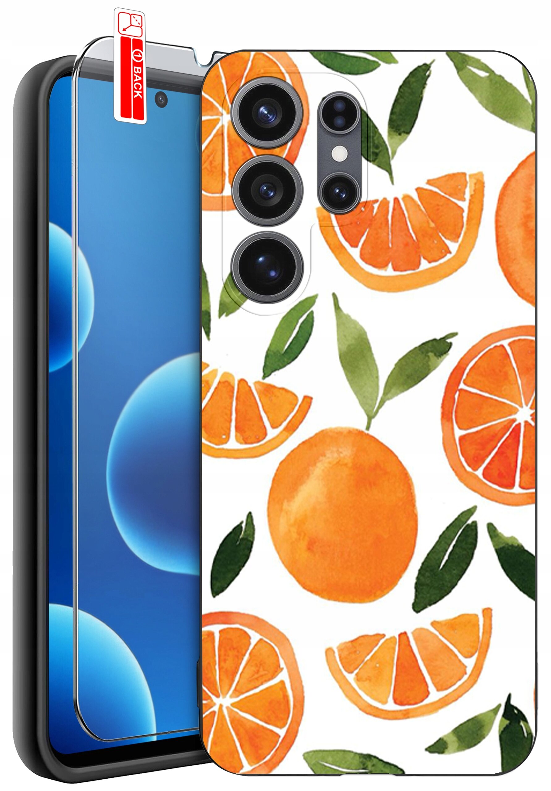 Etui na telefon z wzorem pomarańczy i liści, wykonane z silikonu. Obok znajduje się szkło ochronne z napisem \'BACK\'.