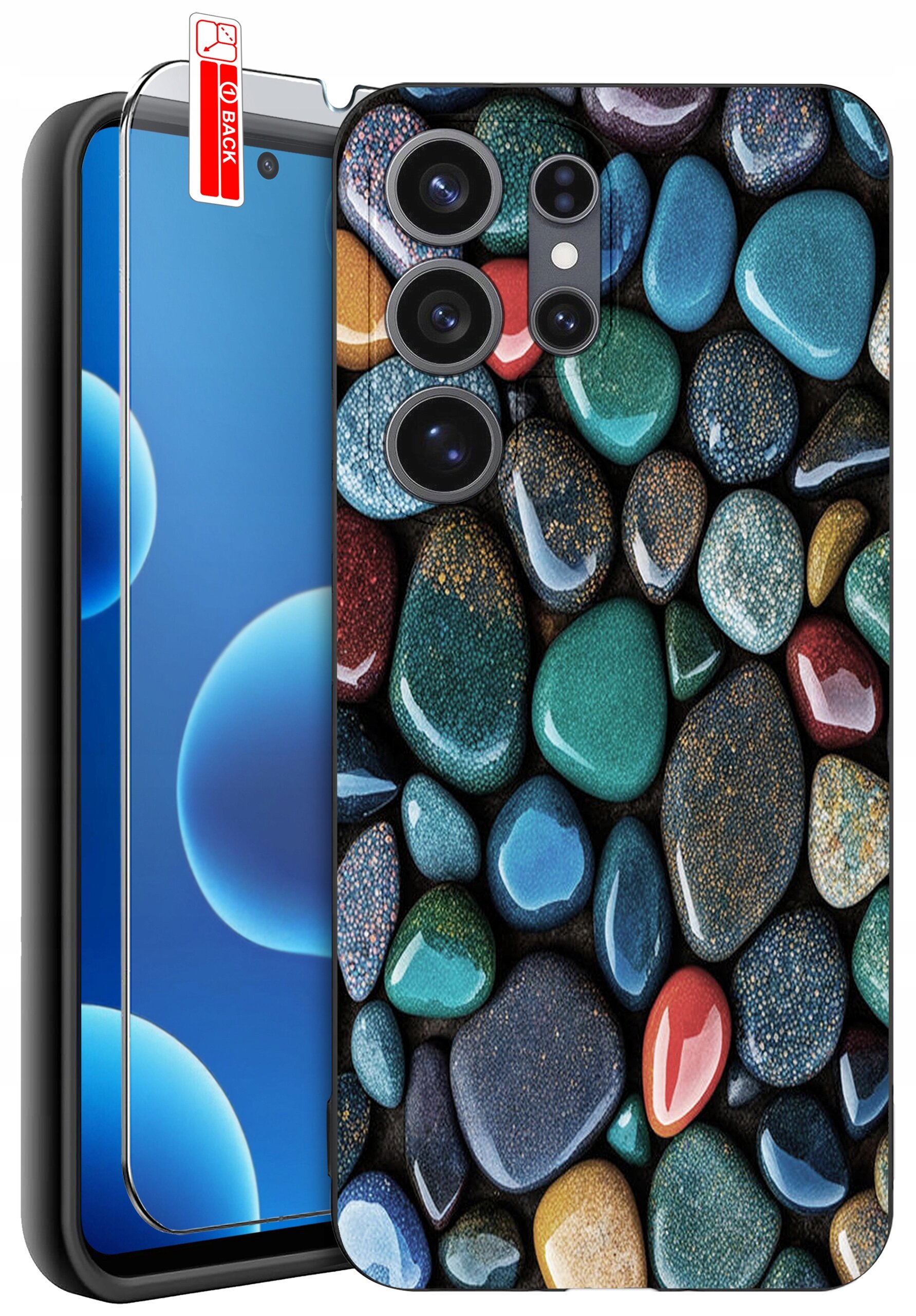 Etui na telefon z wzorem kolorowych kamieni, obok którego znajduje się szkło ochronne z napisem \'BACK\'.