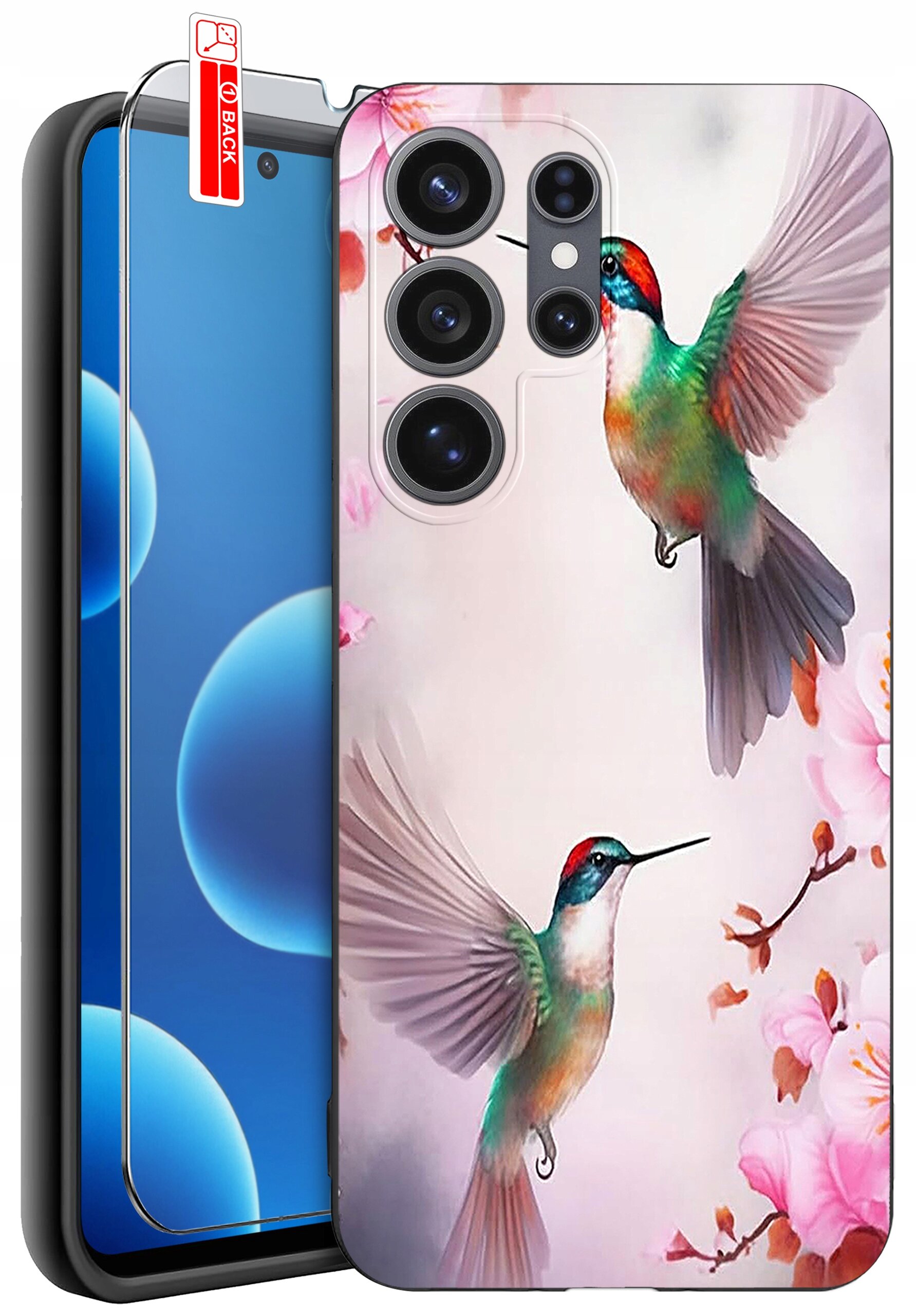 Etui na telefon z kolorowym wzorem kolibrów i kwiatów, obok którego znajduje się szkło ochronne z napisem \'BACK\'.