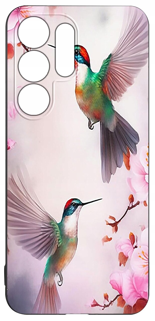 Etui na telefon z kolorowym wzorem przedstawiającym dwa kolibry wśród różowych kwiatów. Etui ma wycięcia na aparat i inne elementy telefonu.