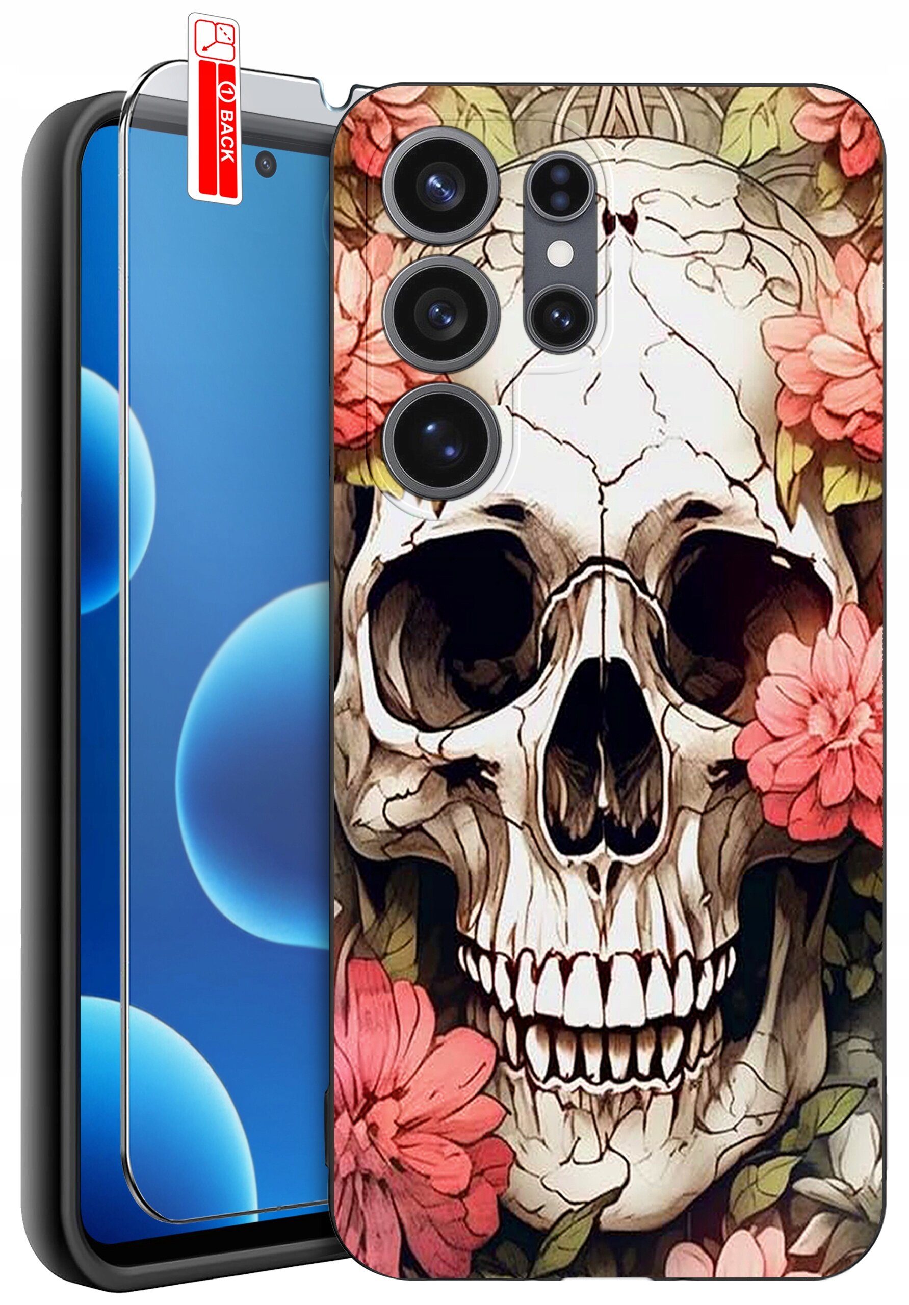 Etui na telefon z wzorem czaszki otoczonej kwiatami, obok znajduje się szkło ochronne z napisem \'BACK\'.