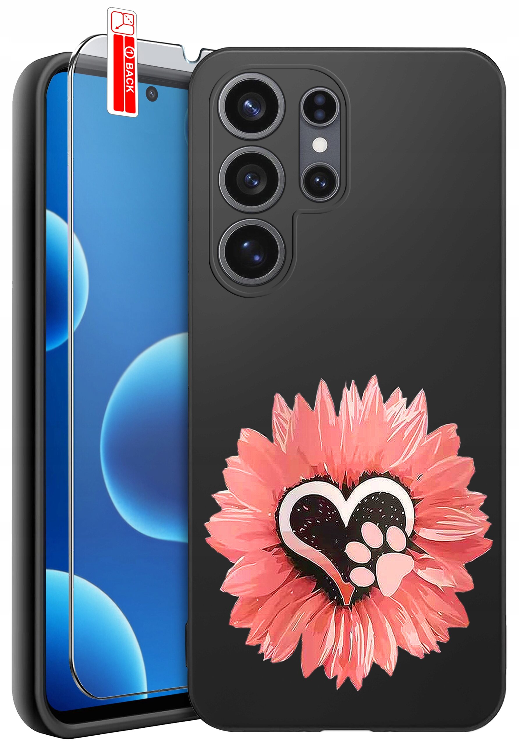 Czarne etui na telefon z motywem różowego kwiatu i serca z odciskiem łapy. Obok znajduje się szkło ochronne z napisem \'BACK\'.