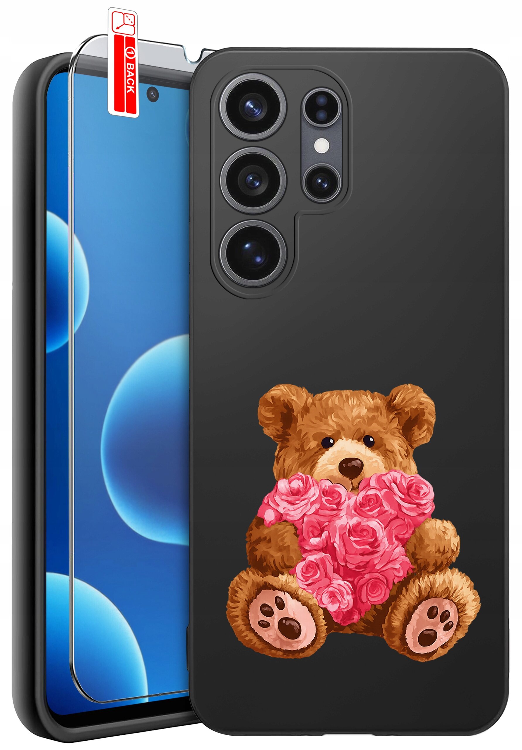 Czarne etui na telefon z nadrukiem misia trzymającego różowe serce z róż. Obok znajduje się szkło ochronne z oznaczeniem \'BACK\'.