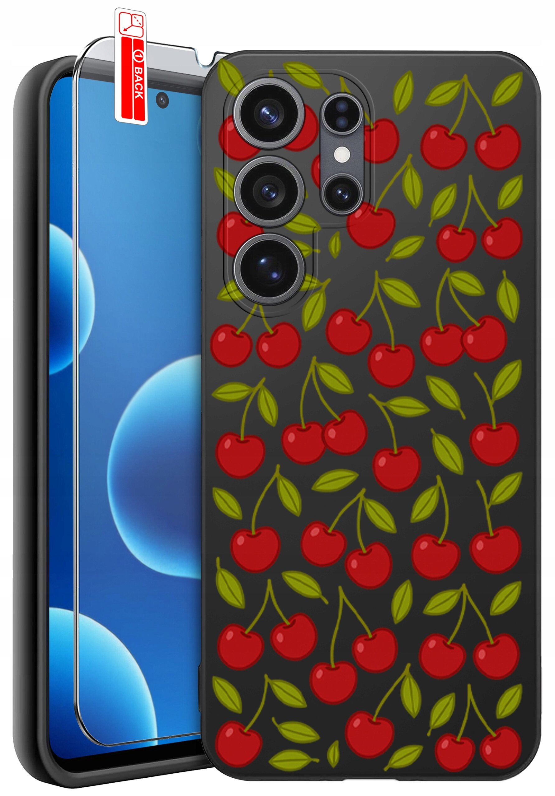 Etui na telefon z wzorem czerwonych wiśni i zielonych liści na ciemnym tle, obok którego znajduje się szkło ochronne z napisem \'BACK\'.