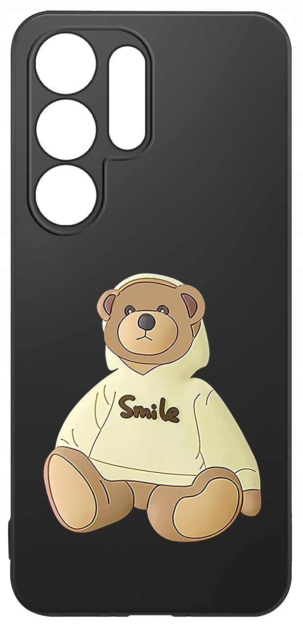 Czarne etui na telefon z wycięciami na aparat, ozdobione grafiką misia w bluzie z napisem \'Smile\'.