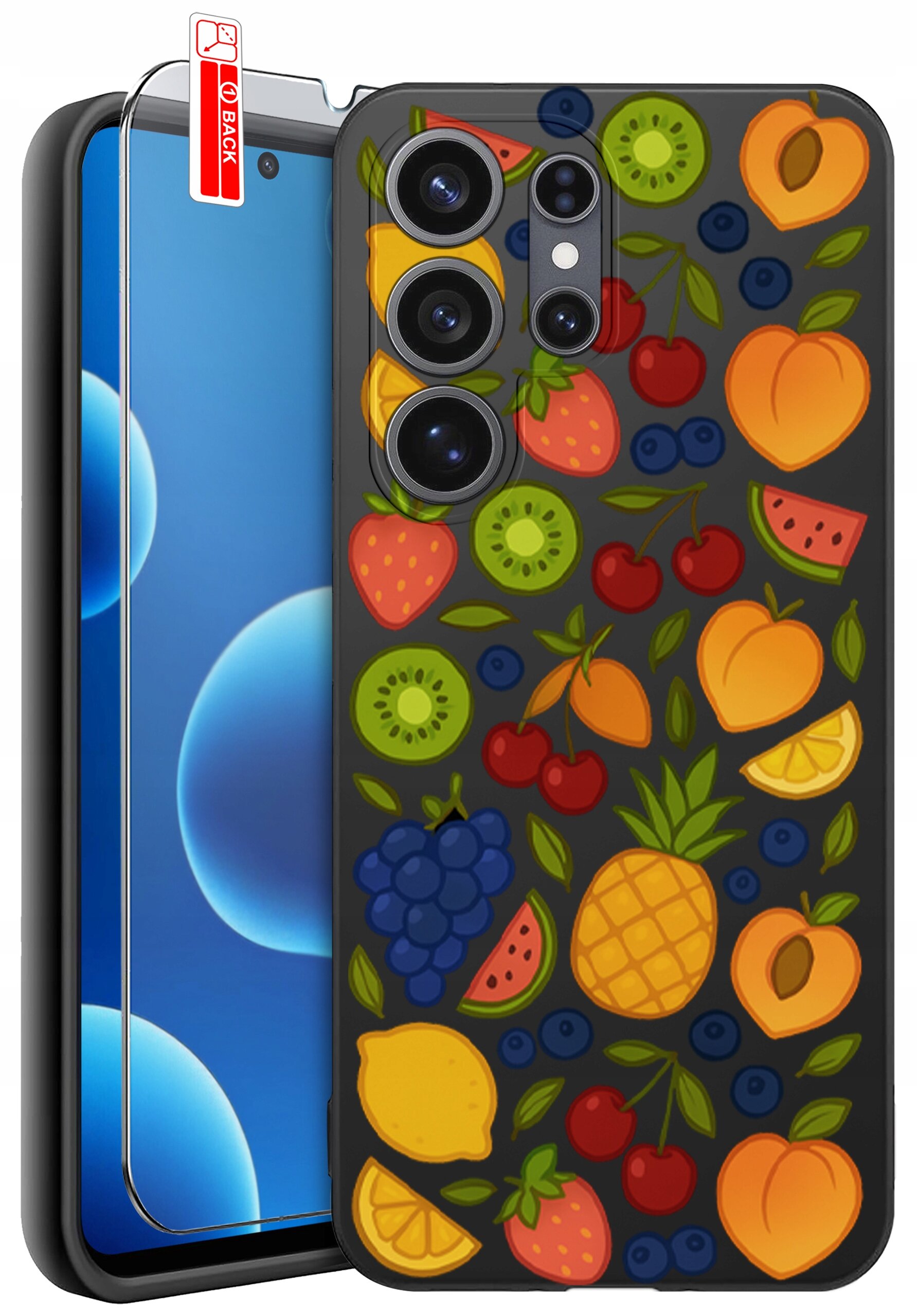 Etui na telefon z kolorowym wzorem owoców, takich jak kiwi, truskawki, wiśnie, brzoskwinie i ananasy. Obok etui znajduje się szkło ochronne z napisem \'BACK\'.