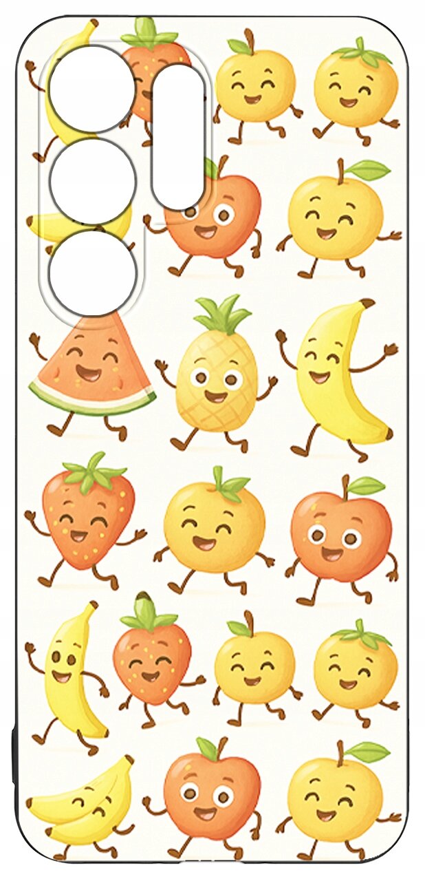 Etui na telefon z wzorem uśmiechniętych owoców, takich jak ananas, banan, arbuz i jabłko, na jasnym tle. Etui posiada wycięcia na aparat i przyciski.