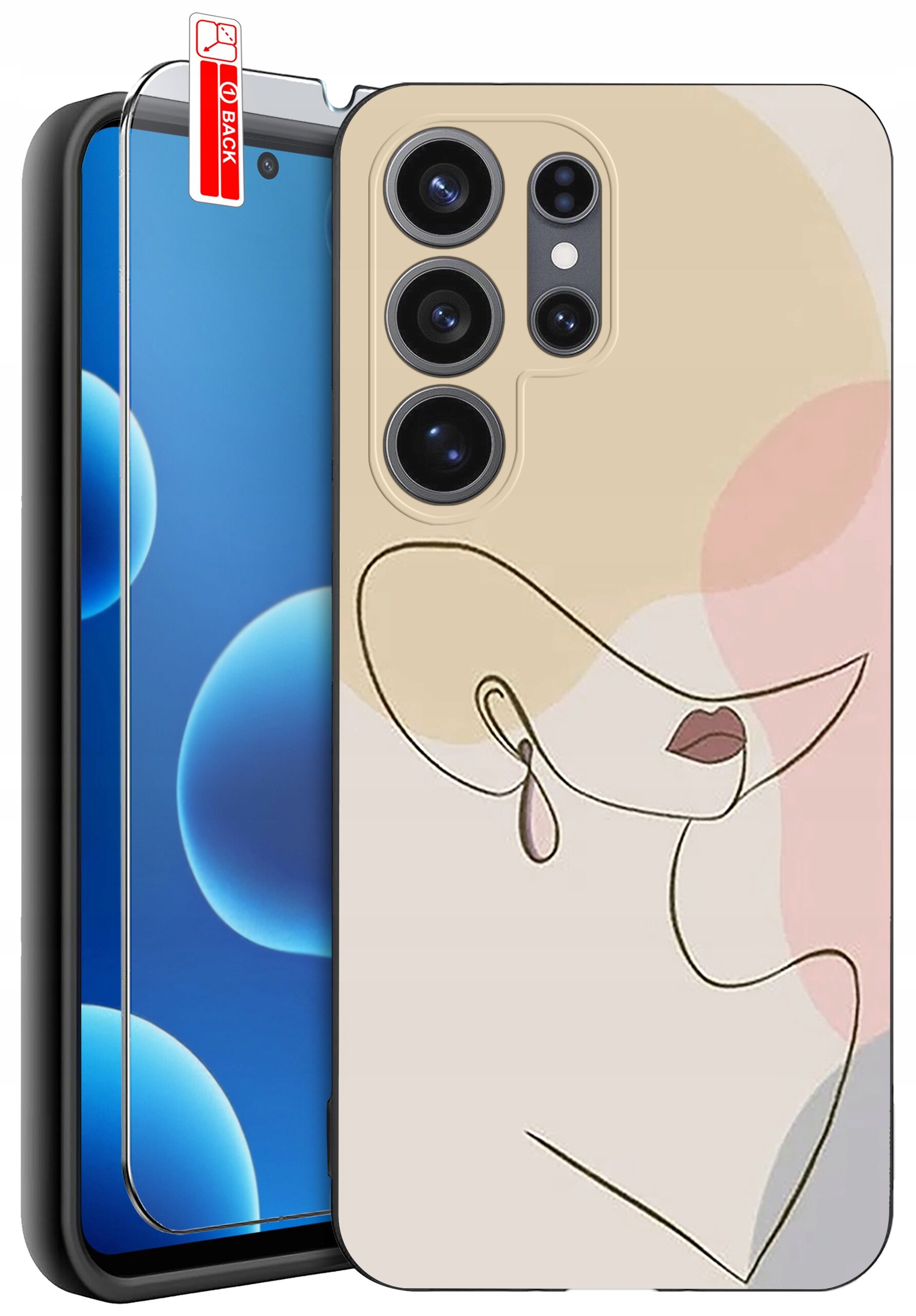 Etui na telefon z abstrakcyjnym wzorem przedstawiającym twarz w pastelowych kolorach, obok którego znajduje się szkło ochronne z napisem \'BACK\'.