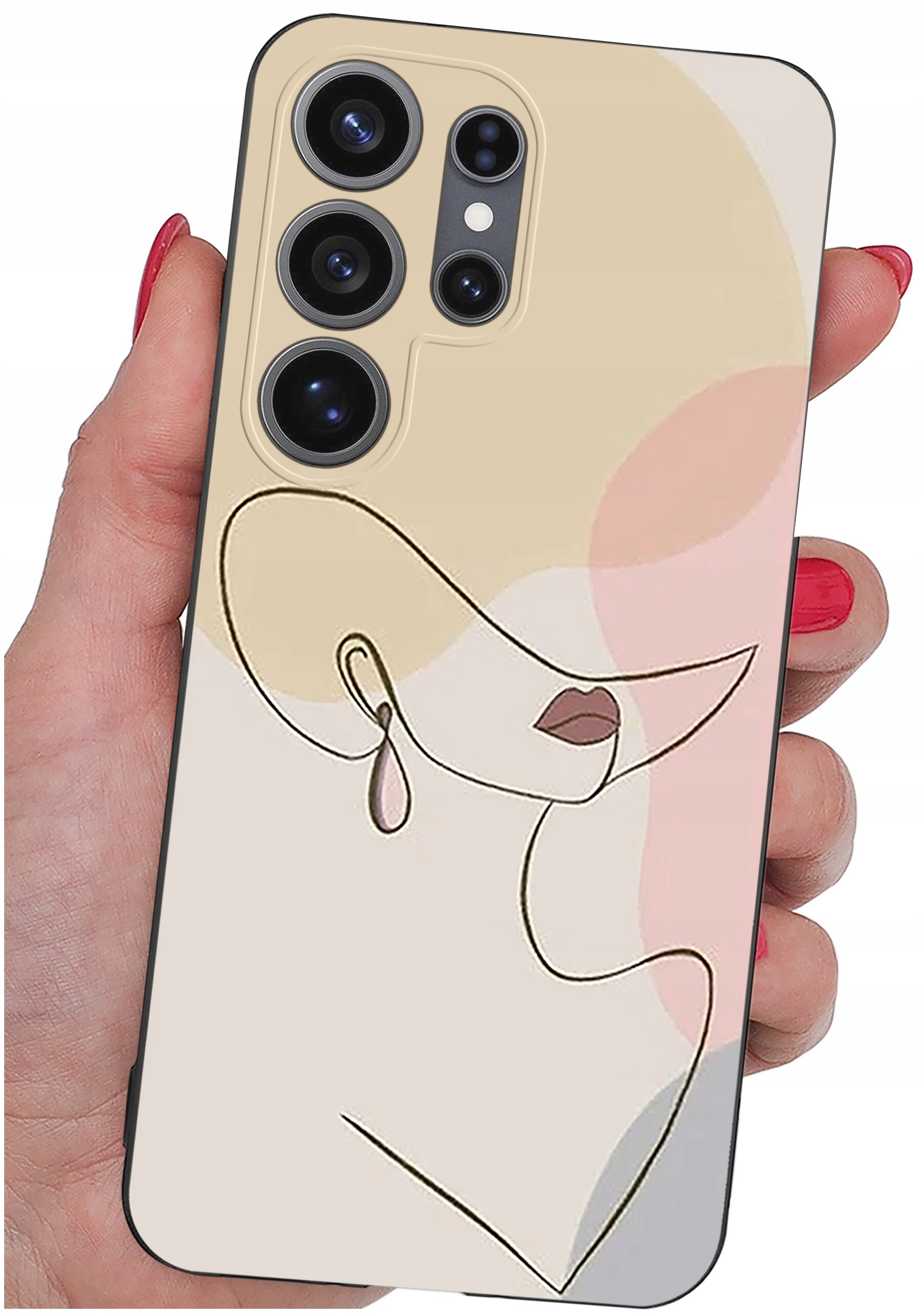 Etui na telefon z abstrakcyjnym wzorem przedstawiającym twarz w minimalistycznym stylu, trzymane w dłoni. Etui ma wycięcia na cztery obiektywy aparatu.