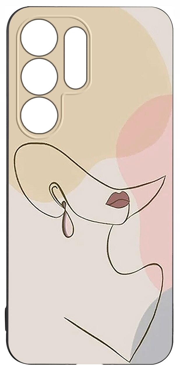Etui na telefon z abstrakcyjnym wzorem przedstawiającym twarz w stylu line art, w pastelowych kolorach beżu, różu i szarości. W górnej części znajdują się wycięcia na aparat.