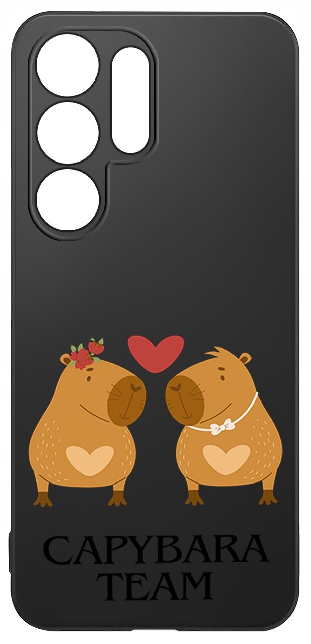 Czarne etui z grafiką dwóch kapibar z sercami na brzuchach, nad którymi unosi się czerwone serce. Na dole widnieje napis \'CAPYBARA TEAM\'.