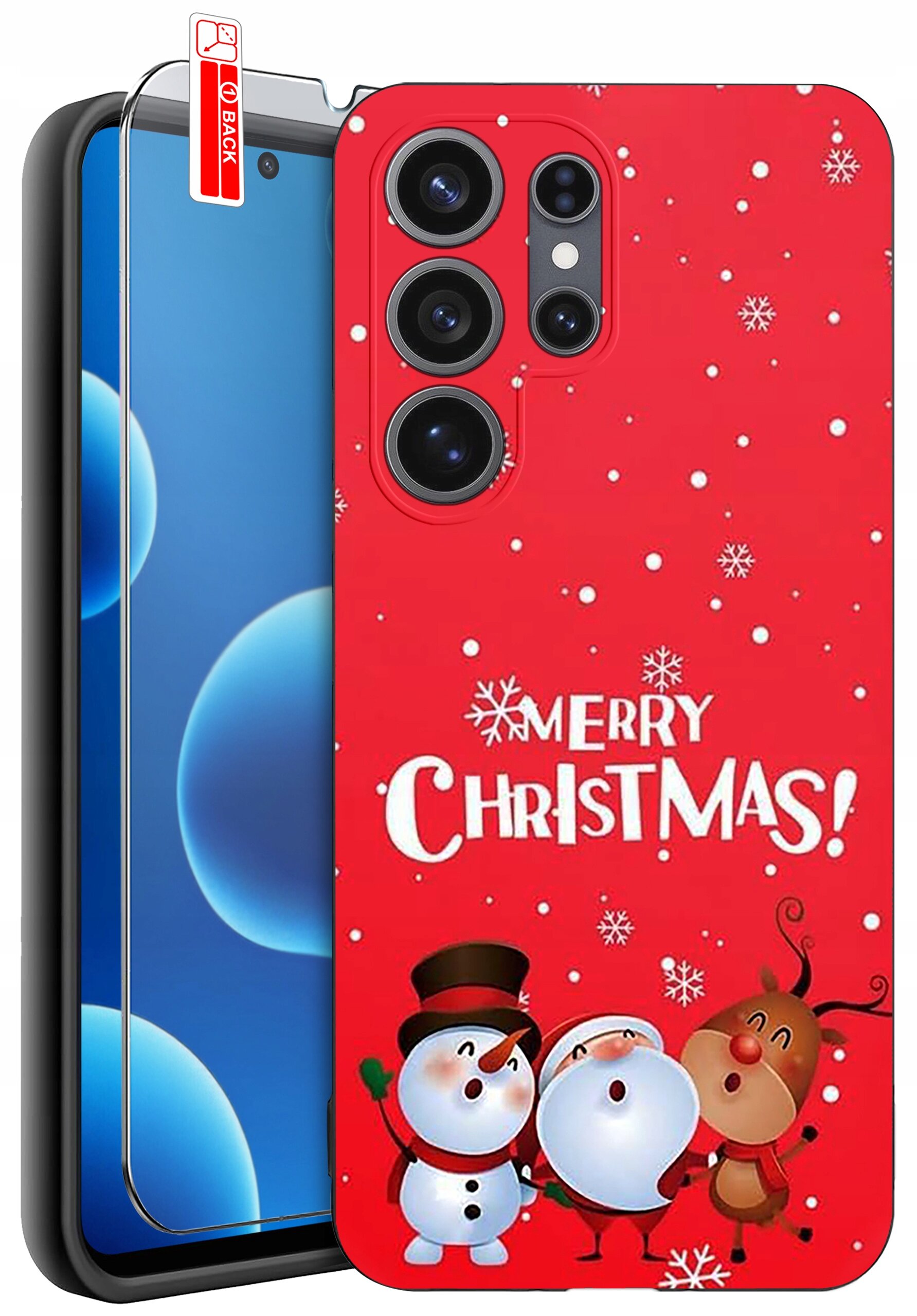 Etui na telefon z czerwonym tłem, ozdobione śnieżynkami i postaciami bałwanka, Mikołaja i renifera, z napisem \'Merry Christmas!\'. Obok etui znajduje się szkło ochronne z oznaczeniem \'BACK\'.