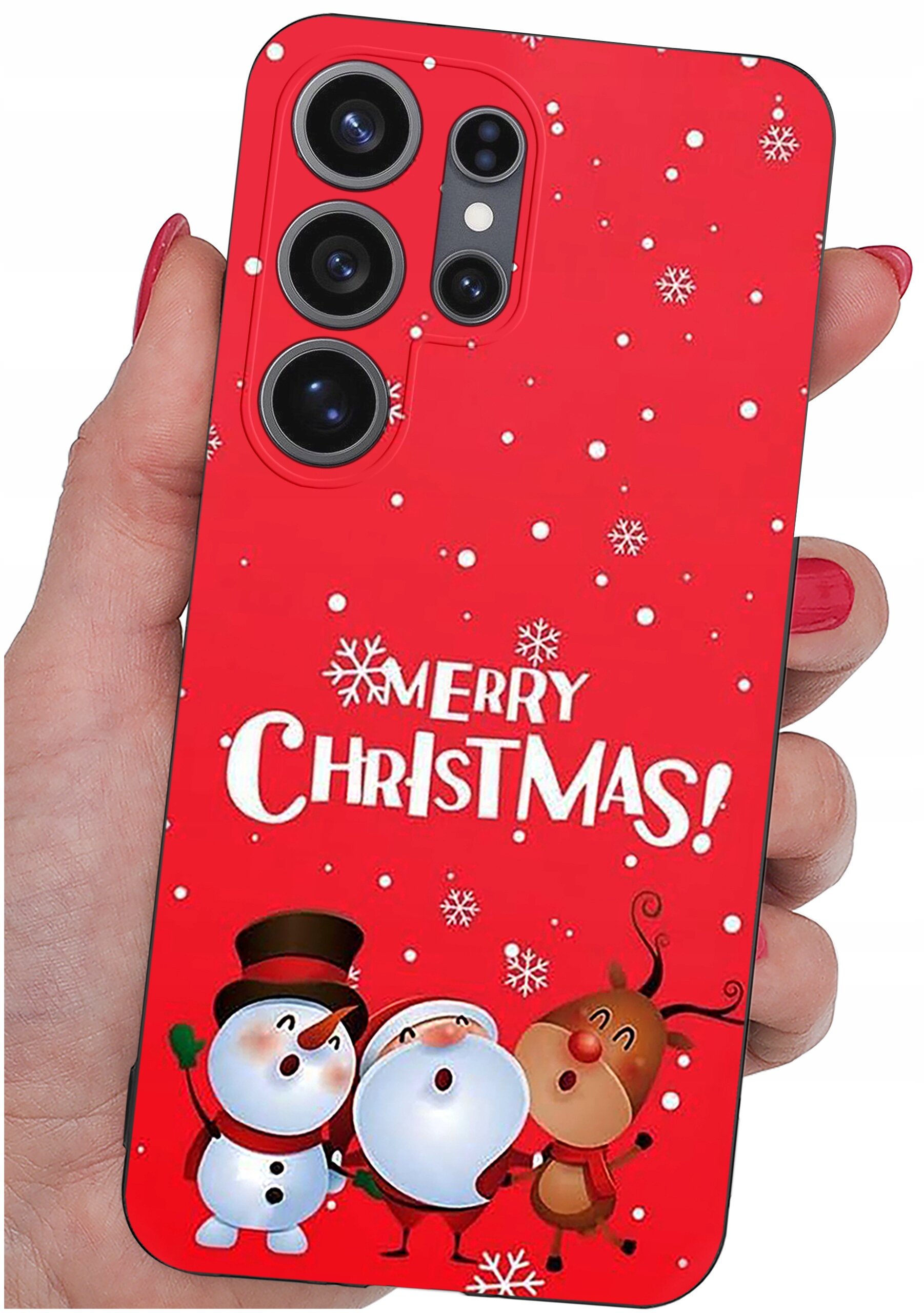 Czerwone etui na telefon z motywem świątecznym, przedstawiające bałwanki i renifera oraz napis \'Merry Christmas!\'. Etui trzymane jest w dłoni, a na jego powierzchni widoczne są białe płatki śniegu.