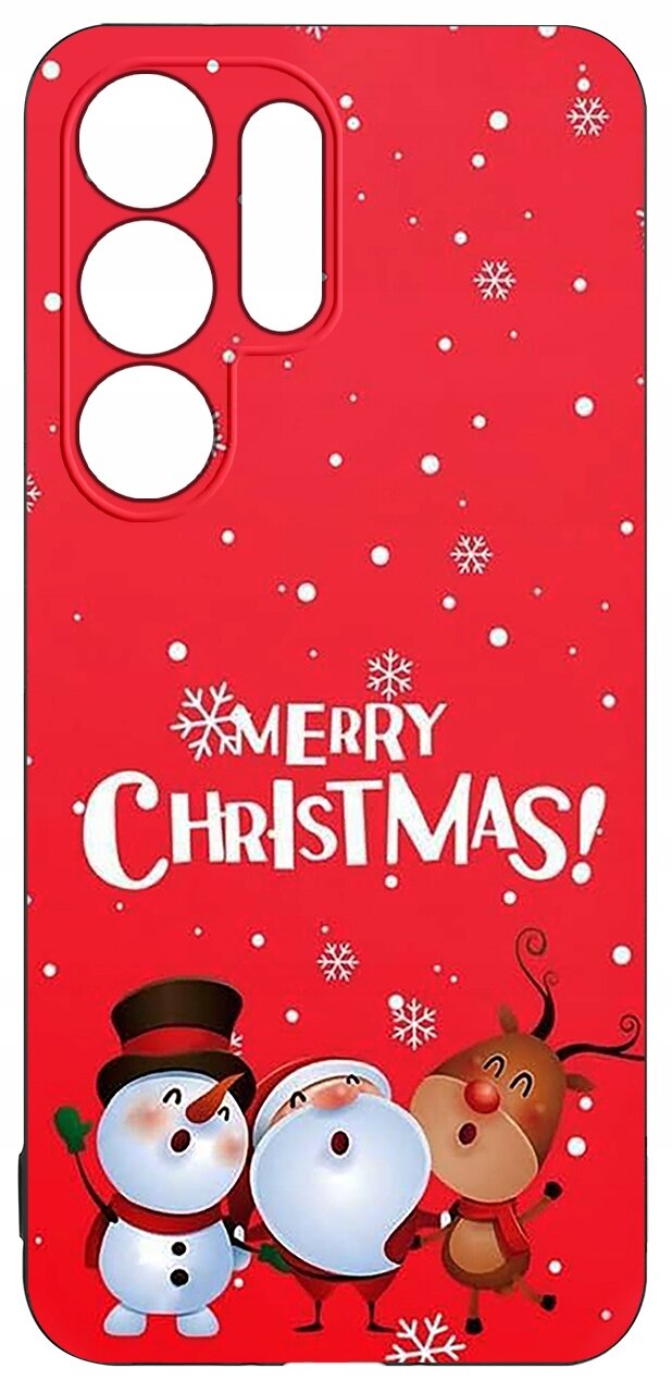Czerwone etui z napisem \'MERRY CHRISTMAS!\' oraz grafiką trzech postaci: bałwana, Mikołaja i renifera, otoczone śnieżynkami.