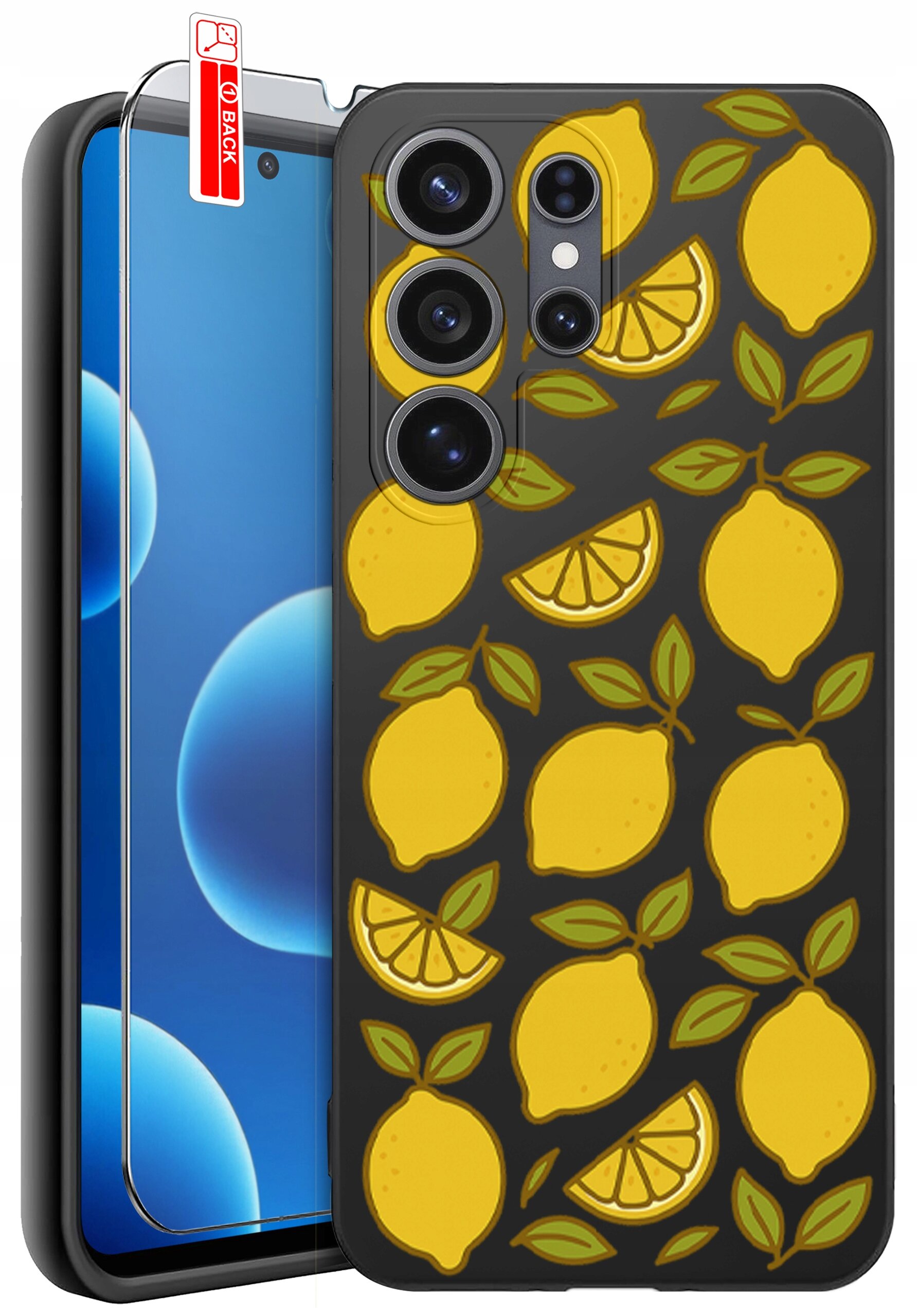 Etui na telefon z wzorem cytryn i liści, wykonane z czarnego silikonu. Obok znajduje się szkło ochronne z oznaczeniem \'BACK\'.