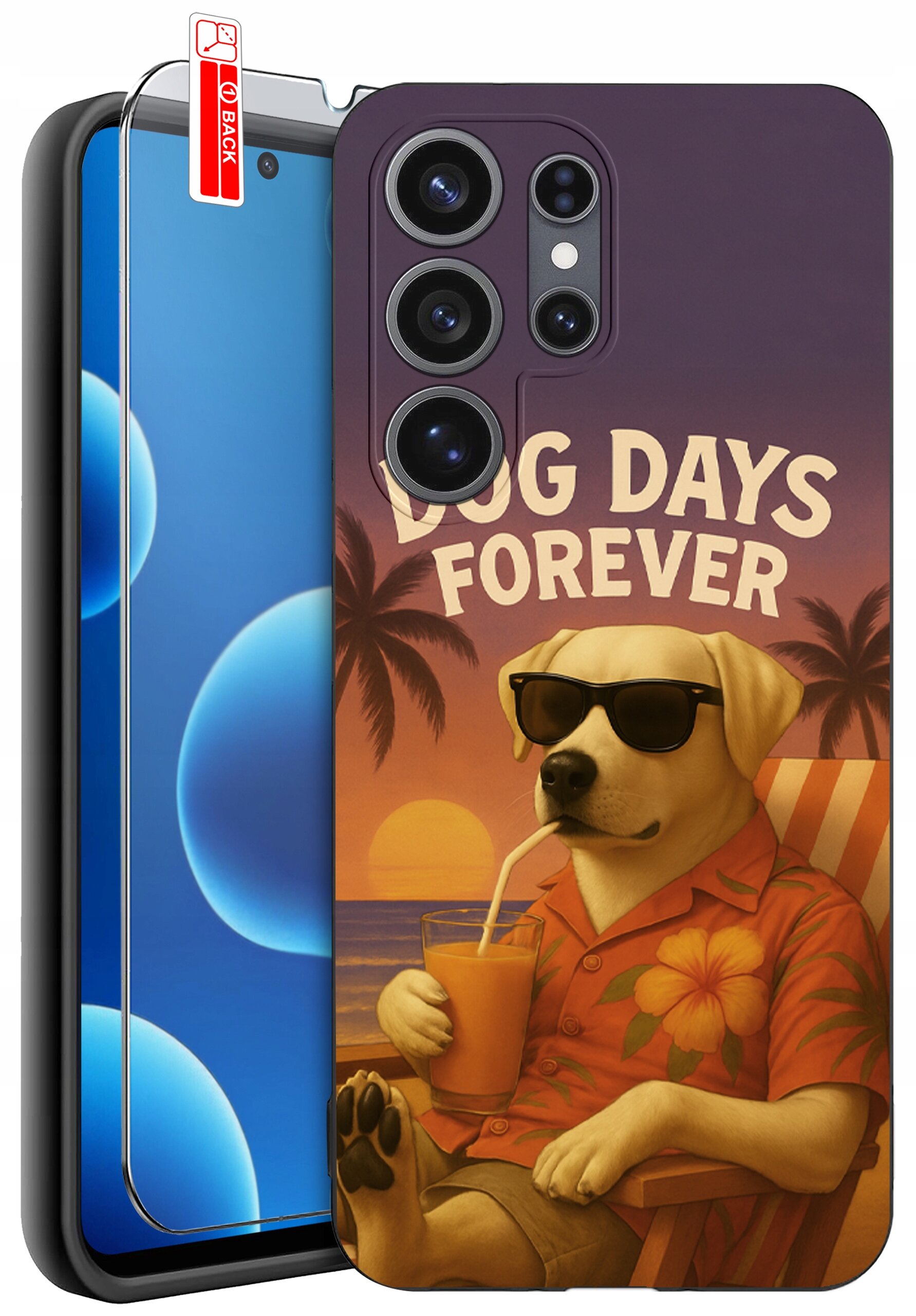 Etui na telefon z grafiką psa w okularach przeciwsłonecznych, siedzącego na leżaku z napojem, z napisem \'DOG DAYS FOREVER\'. Obok etui znajduje się szkło ochronne z oznaczeniem \'BACK\'.