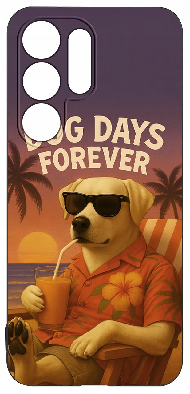 Etui z nadrukiem psa w okularach przeciwsłonecznych, siedzącego na leżaku z napojem w ręku. W tle widoczne palmy i zachód słońca, z napisem \'DOG DAYS FOREVER\'.